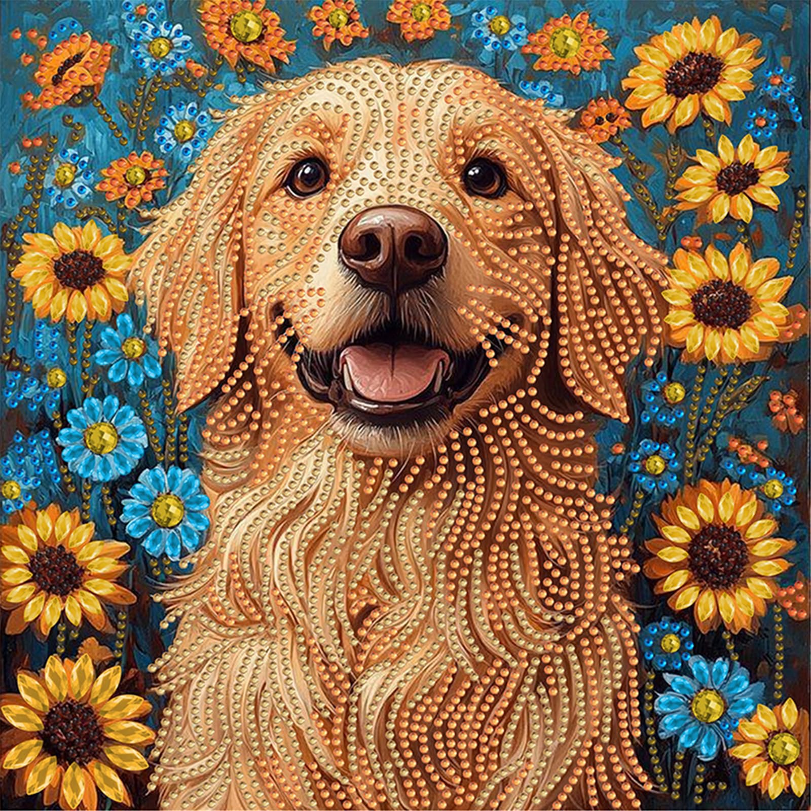 POETRYDRAW Golden Dog with Sunflowers Special Shaped DIY Partial Drill Diamond Art Painting Kit for Adults Beginners Home Decor Diamonds Paintings Gem Art 30x30cm