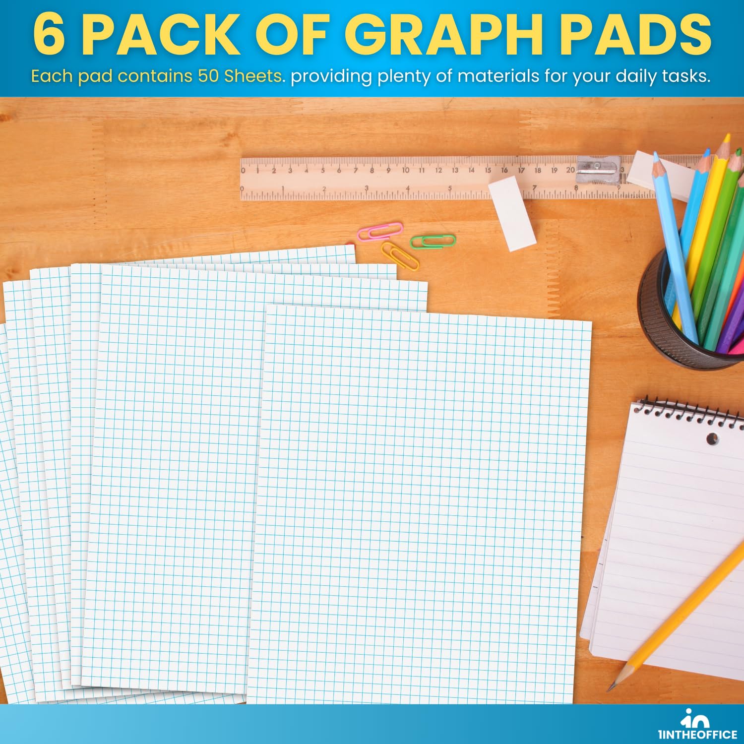1InTheOffice Graph Pads, 21,6 x 27,9 cm, Quadrille Pad 8,5 x 11, 50 Blatt/Block, 6 Blöcke pro Packung