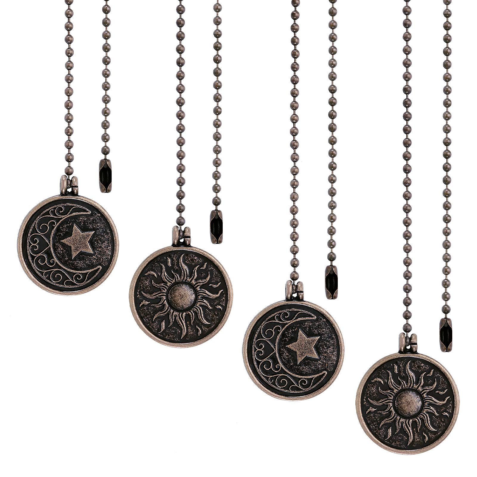 Ripeng 4 Pieces Ceiling Fan Pull Chain Set with Sun and Moon Pattern Pull Chains for Ceiling Light Lamp Fan 13.4 Inch Ceiling Fan Chain Extender with Ball Fan Chain Connector