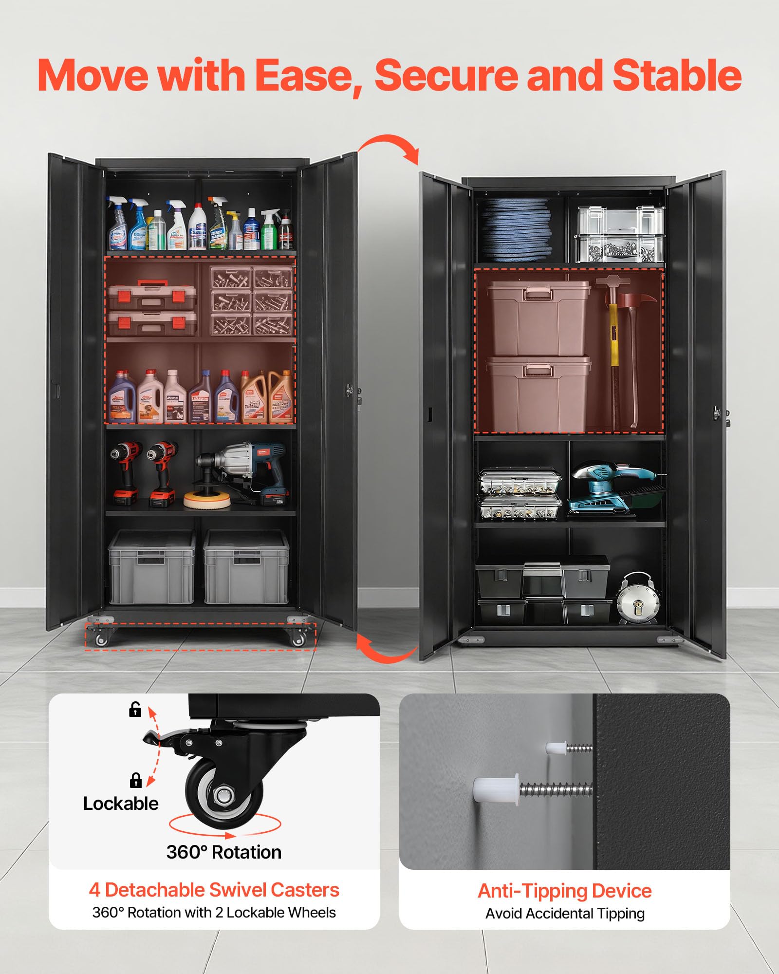 VEVOR Armoire Métallique 184,5 cm 5 Niveaux, Meuble de Rangement en Acier Verrouillable, pour Outils Atelier Bureau, sur roulettes, avec 4 Étagères Réglables, 2 Portes Magnétiques et 2 Clés, Noir
