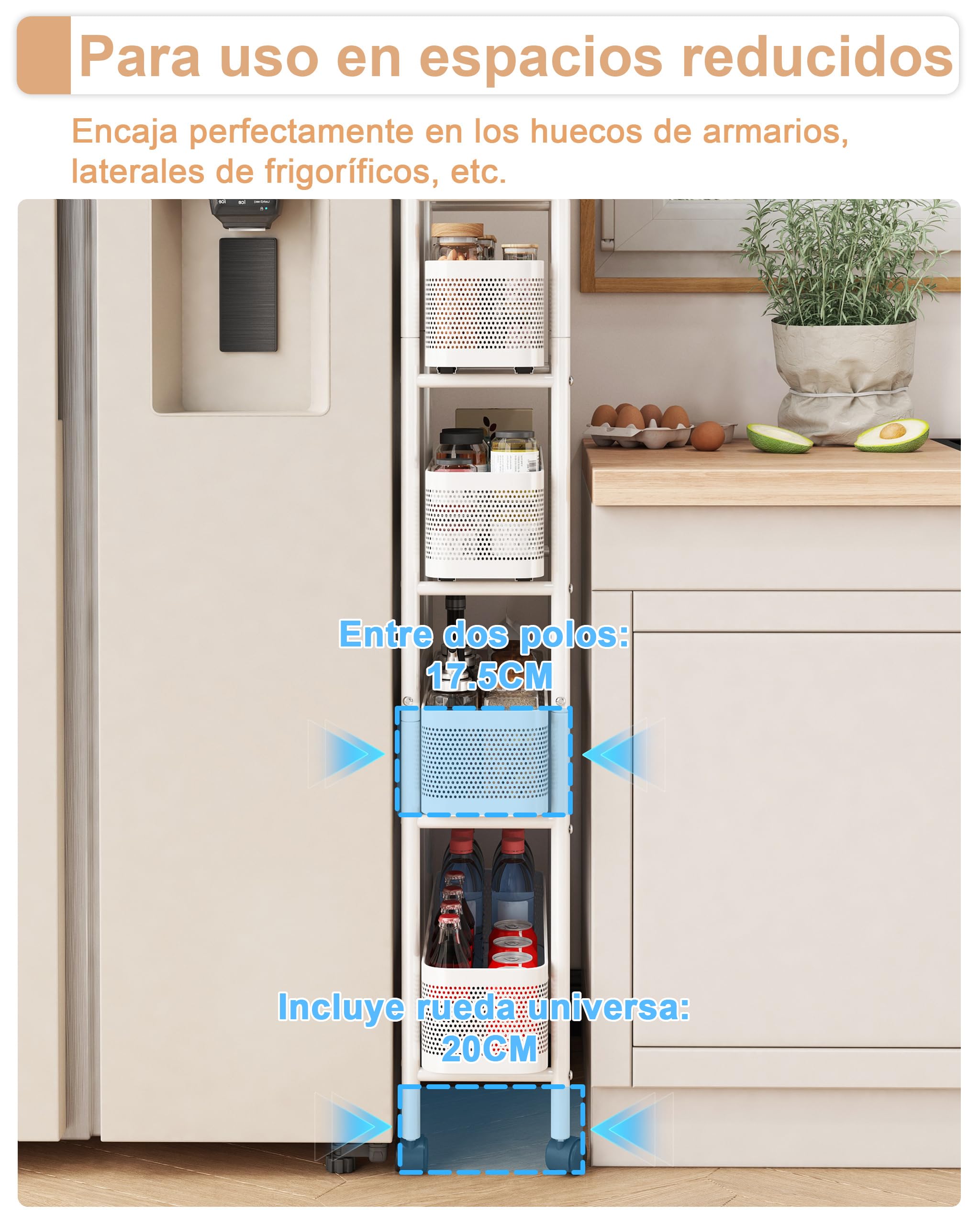 UMDONX Carrito auxiliar con ruedas con cajones extraíbles, Carro de servicio de 5 niveles, Carrito Cocina Ahorra Espacio Estanteria Estrecha Carrito Cocina para cocina, baño, dormitorio, salón(Blanco)