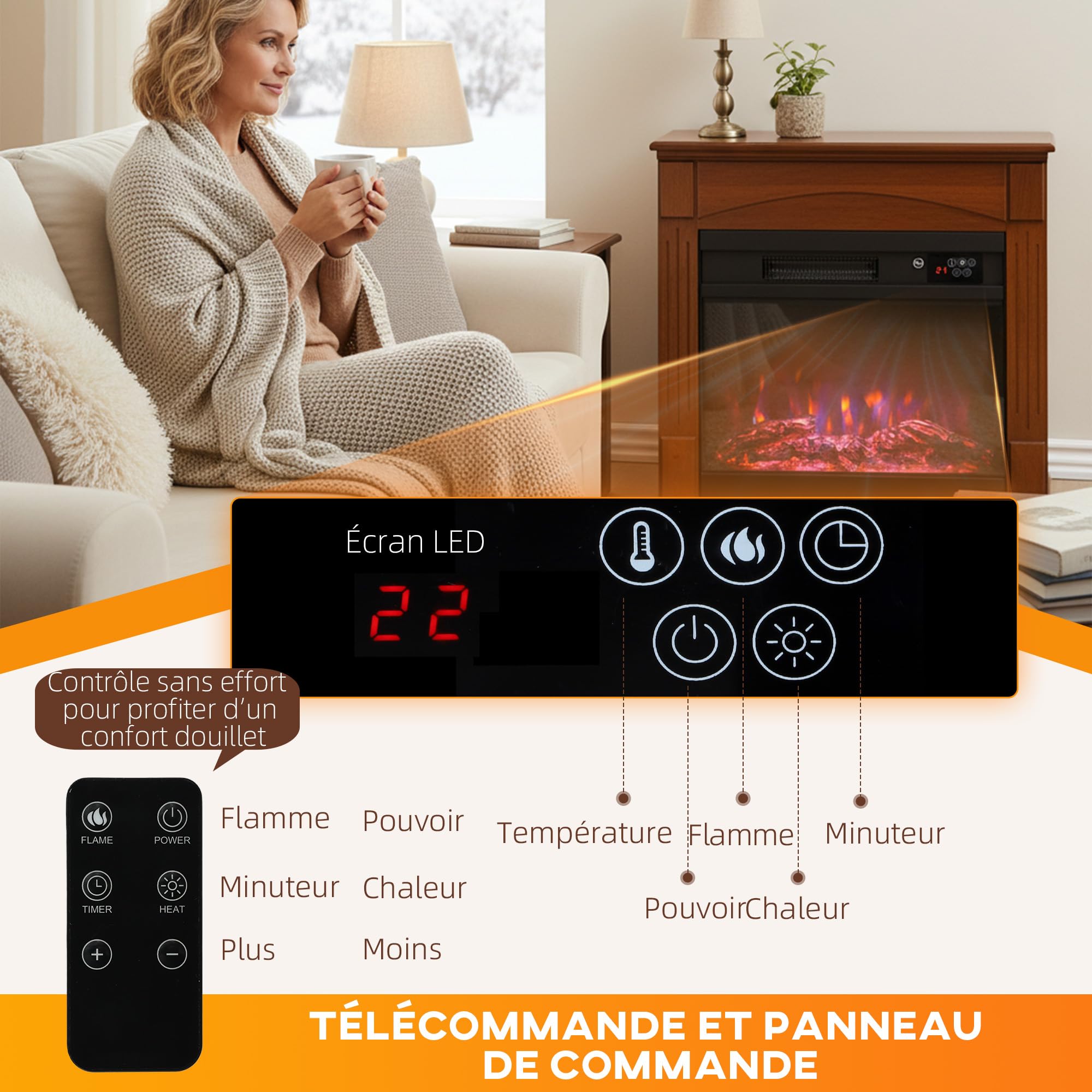 HOMCOM Kominek elektryczny 1000 W/2000 W, efekt płomienia 3D, 6 kolorów i 3 ustawienia, dekoracyjny sztuczny kominek z regulowanym termostatem, pilotem, timer, do 30 m², brązowy