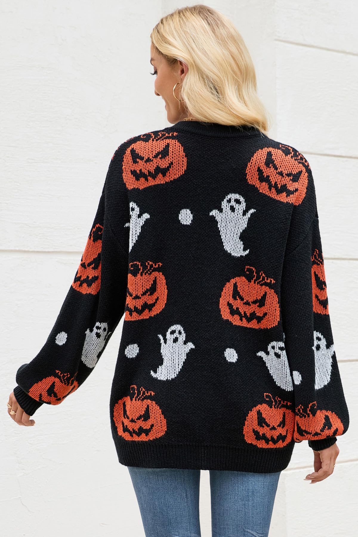 Strickjacke Damen Halloween Kürbis Ghost Rundhals Knopfleiste Cardigan