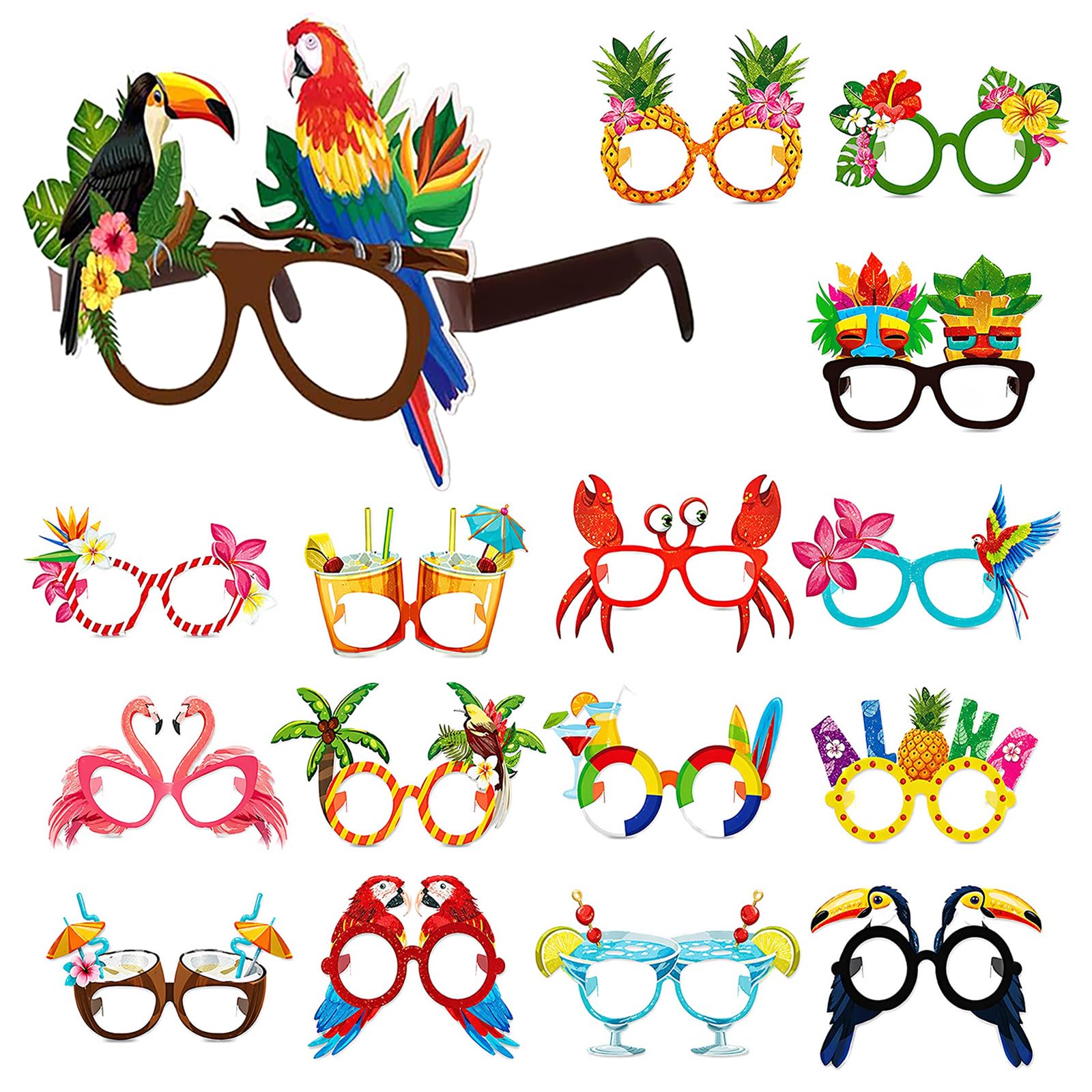 16Pcs Tropical Party Glasses, Hawaiian Luau Photo Booth Props