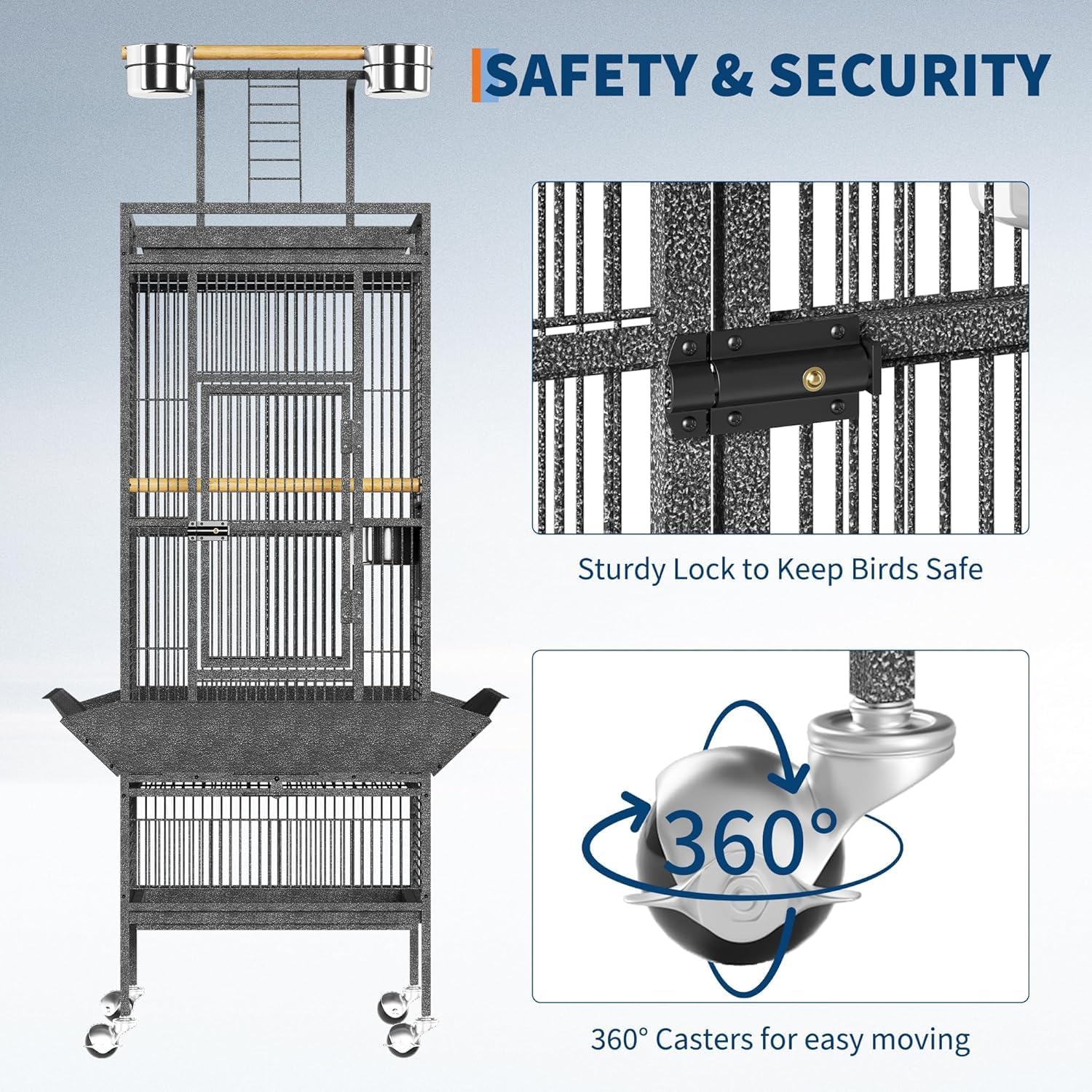 TrailBlaze Spacious 61.5 Inch Large Metal Bird Cage with Play Top and Rolling Stand, Tall Parrot Cage with Feed Bowls for Cockatiels, Conures, Cockatoos, Parakeets, Durable Wrought Iron