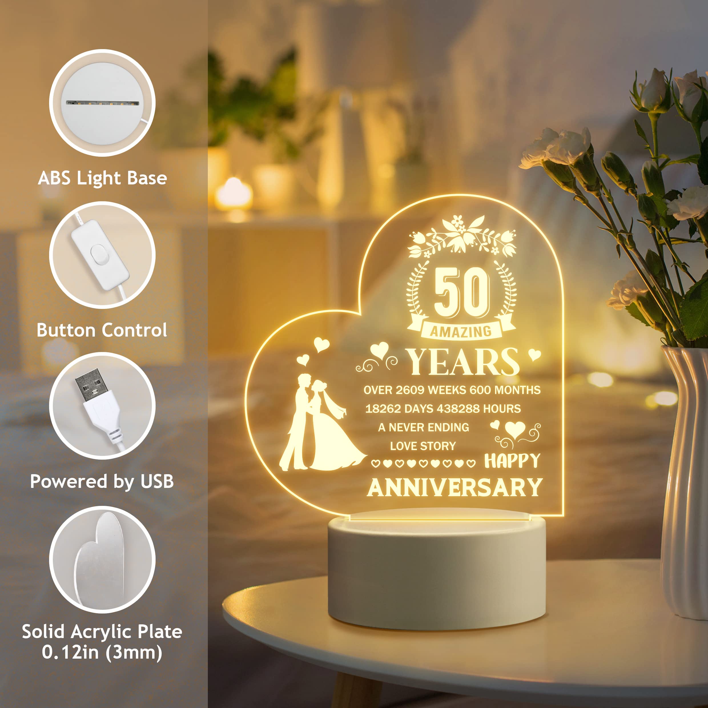 Album 50 Anniversario Matrimonio Luce Notturna 50° Anniversario Matrimonio - Design Acrilico Con Data | Regalo Per Coppie, Genitori | Anniversario Oro Idea Regalo Oro Matrimonio