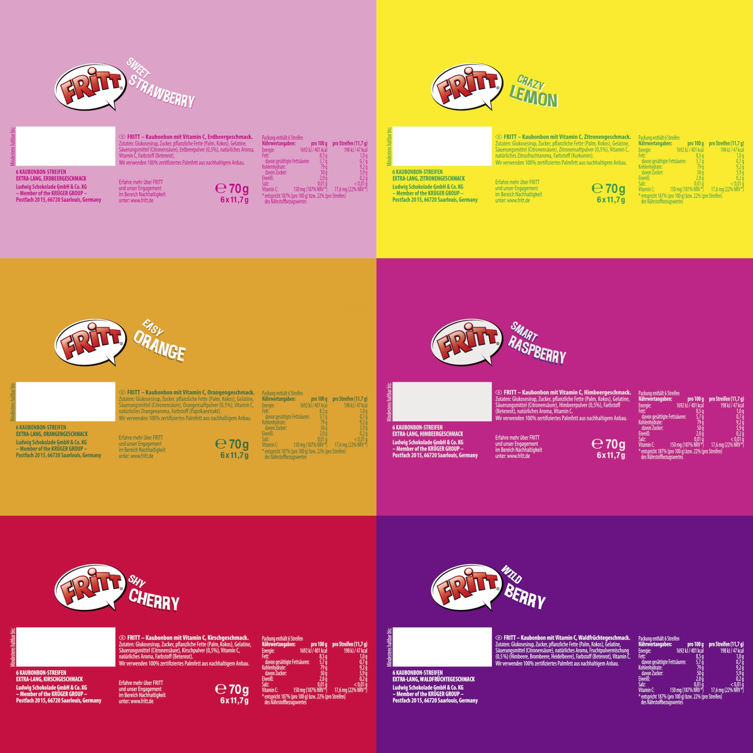 FRITT Frucht 30 x 70g, Kaubonbon in 6 leckeren & fruchtigen Sorten, mit Vitamin C, Großpackung