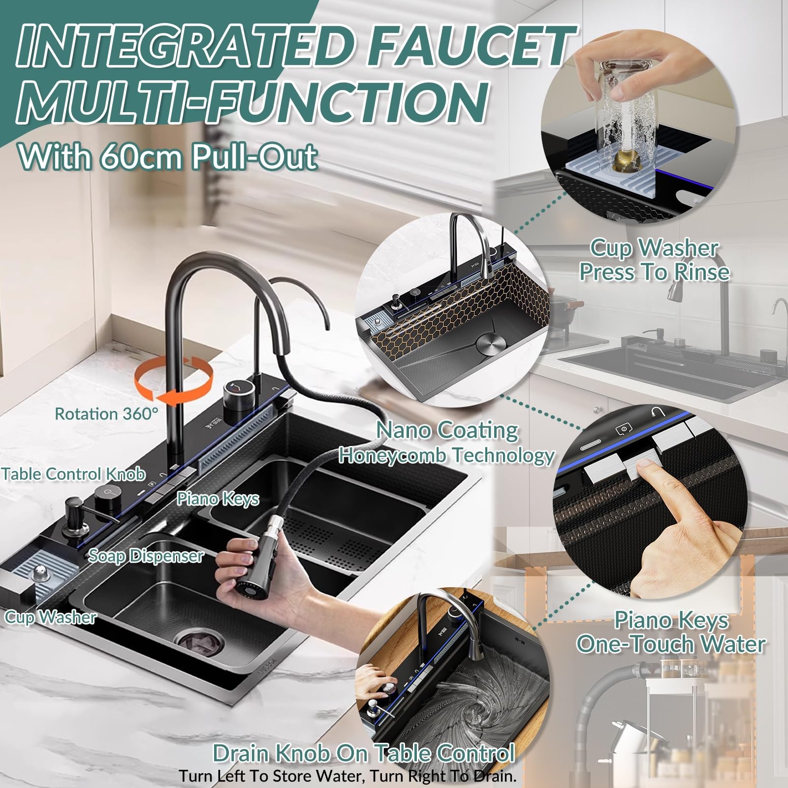Fregadero De Cocina De Acero Inoxidable Con Grifo De Cascada Digital – Fregadero De Una Sola Cubeta De Montaje Superior, Grifo Extraíble Multifuncional, Dispensador De Jabón Y Juego(Black-Grey#2,68x45