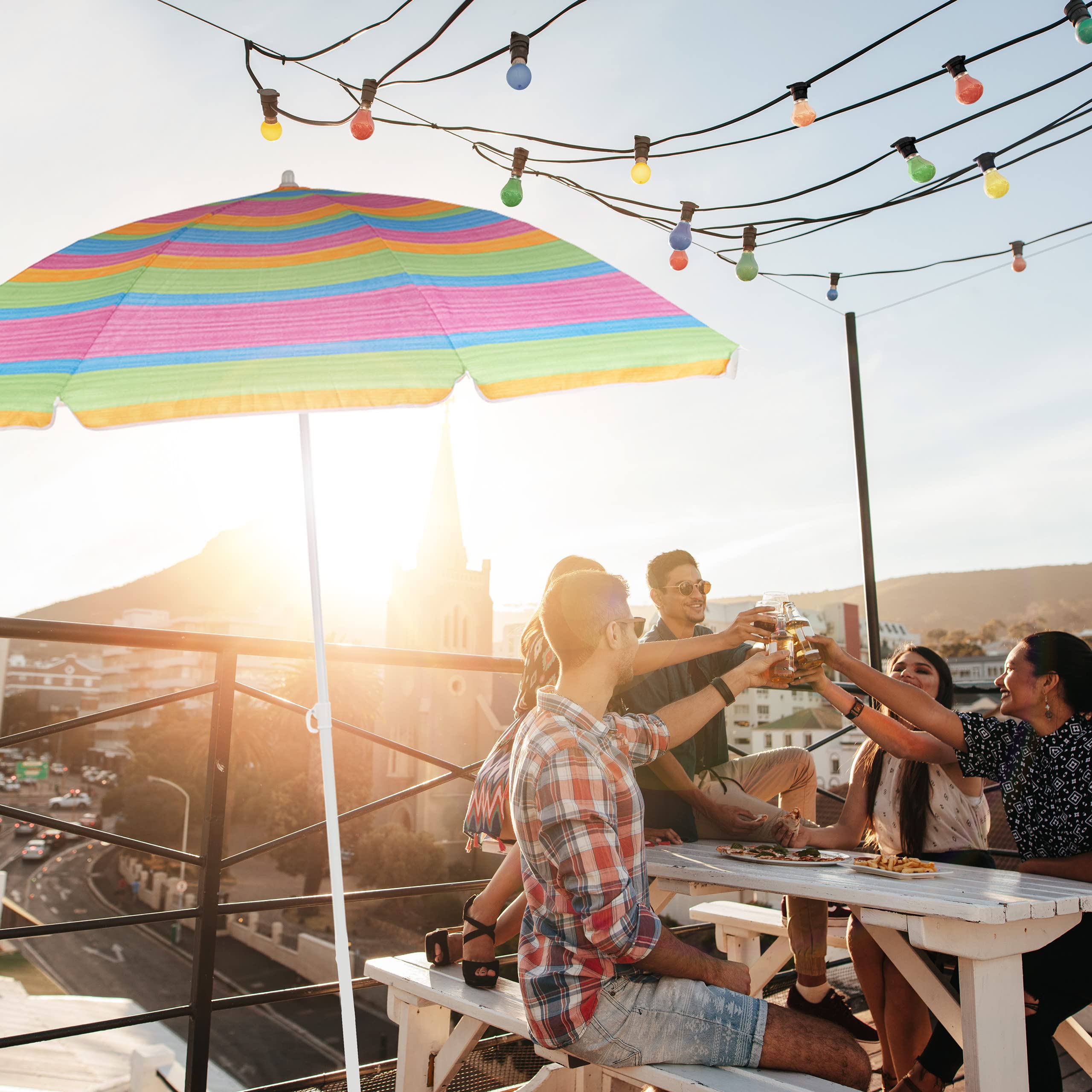 Relaxdays Parasol de plage rayé, hauteur réglable, Parasol de jardin, protection UV 50+, H x P 210 x 170 cm, multicolore