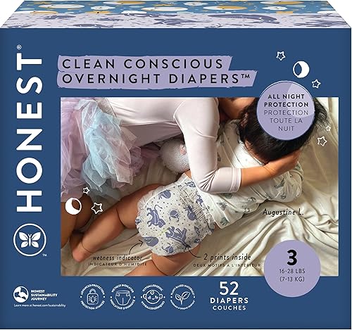The Honest Company Clean Conscious - Pañales para la noche A base de plantas, sostenibles Cozy Cloud + Star Signs Club Box, tamaño 3 (16-28