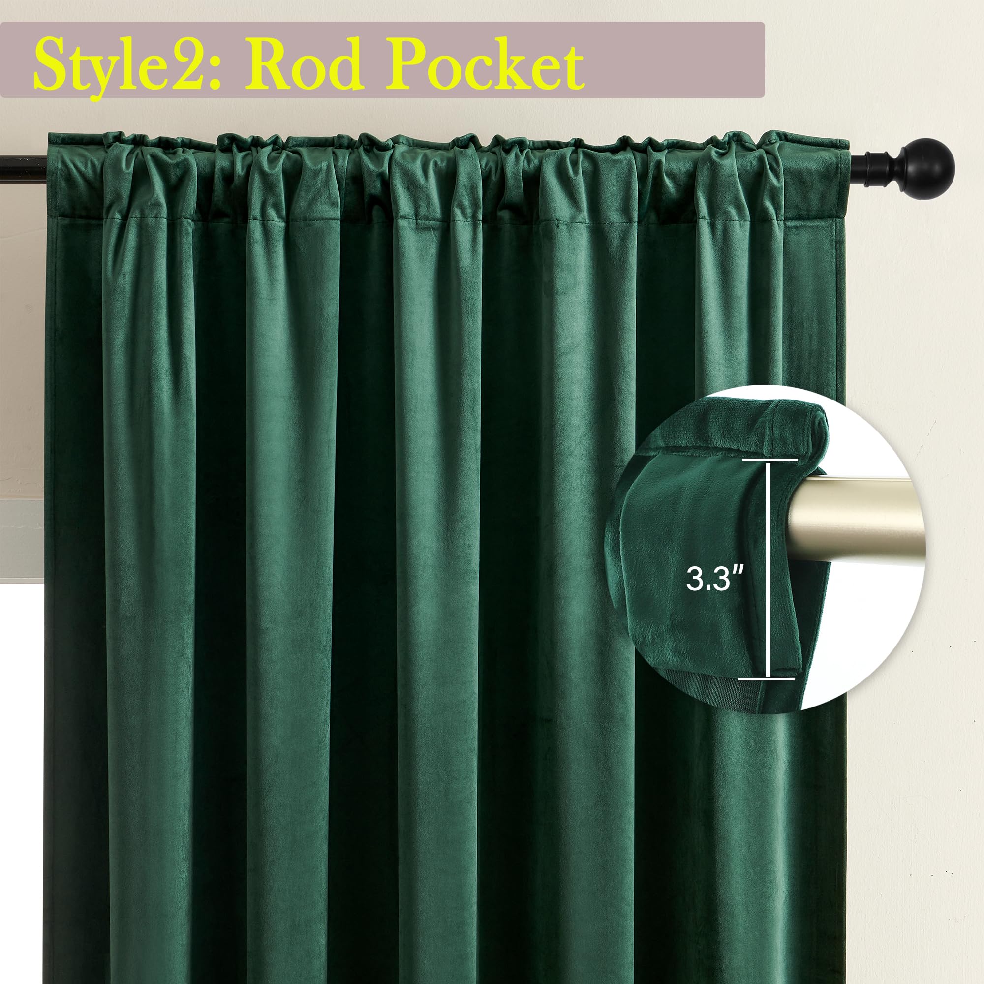 Timeper Green Velvet Curtains 108 inches Long, Thick Fabric Blackout Velvet Curtains for Living Room Sliding Door W52 x L108, 2 Panels - Image 3