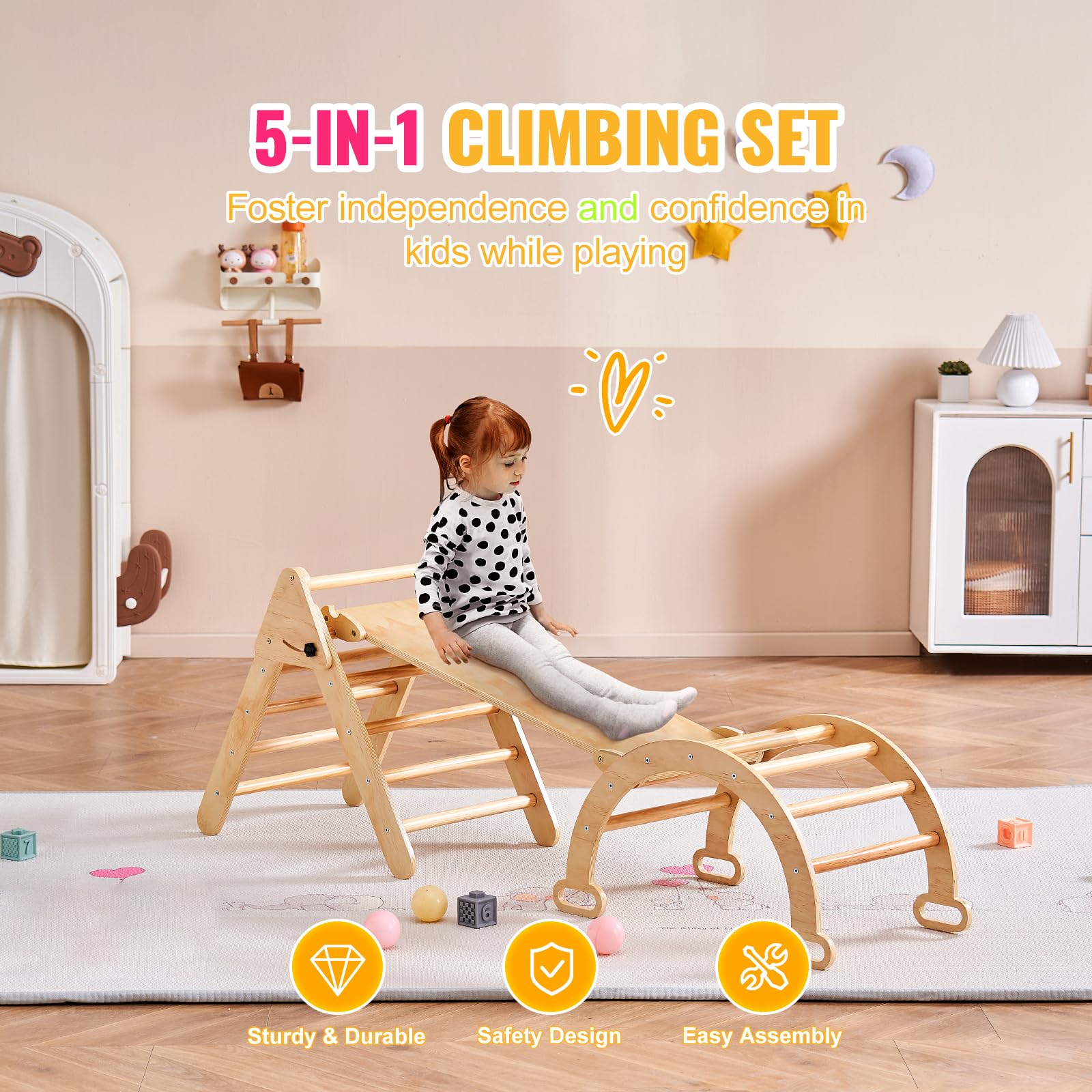 Happybuy 5-in-1 Toddler Climbing Set, Montessori Pikler Triangle, Ramp & Arch, Medium Wooden Playground for 1-3 Years, Indoor Climbing Gym, Wood Color