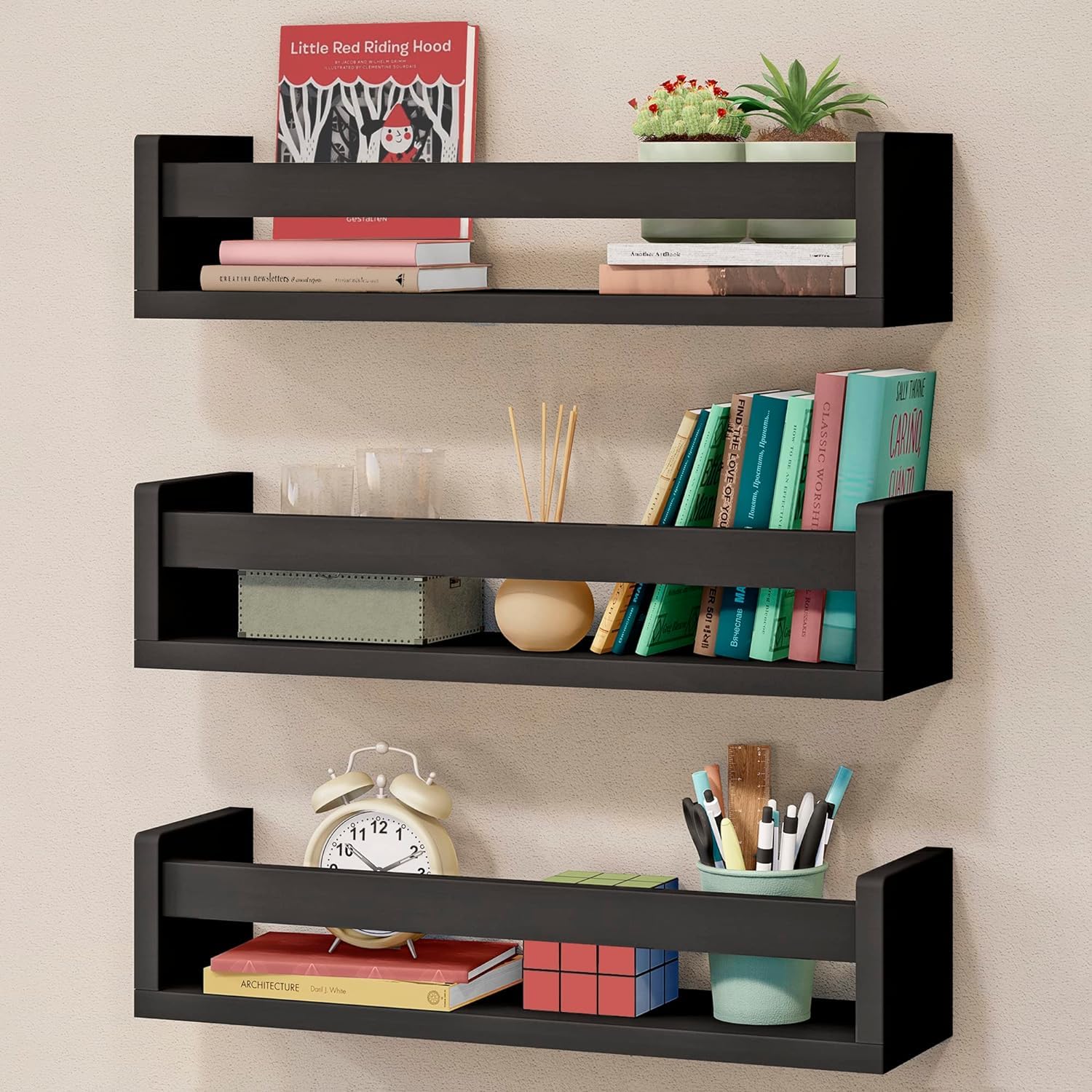 WooDinto Wooden Wall Shelves for Living Room, Bedroom | Wall Mounted Shelf | Wall Hanging Storage Unit | Wall Organiser Shelf (Floating Set of 3 - Black - 18 Inch) (B0BZ5228KG) Amazon Price History, Amazon Price Tracker