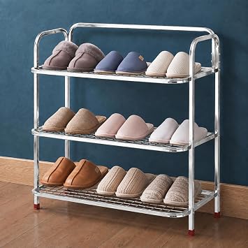 Plantex Stainless Steel Shoe Rack for Home/3 Tier Slipper Stand for Home & Outdoor/Durable Shoe Organizer Stand/Space Saving Footwear Rack - (Silver)