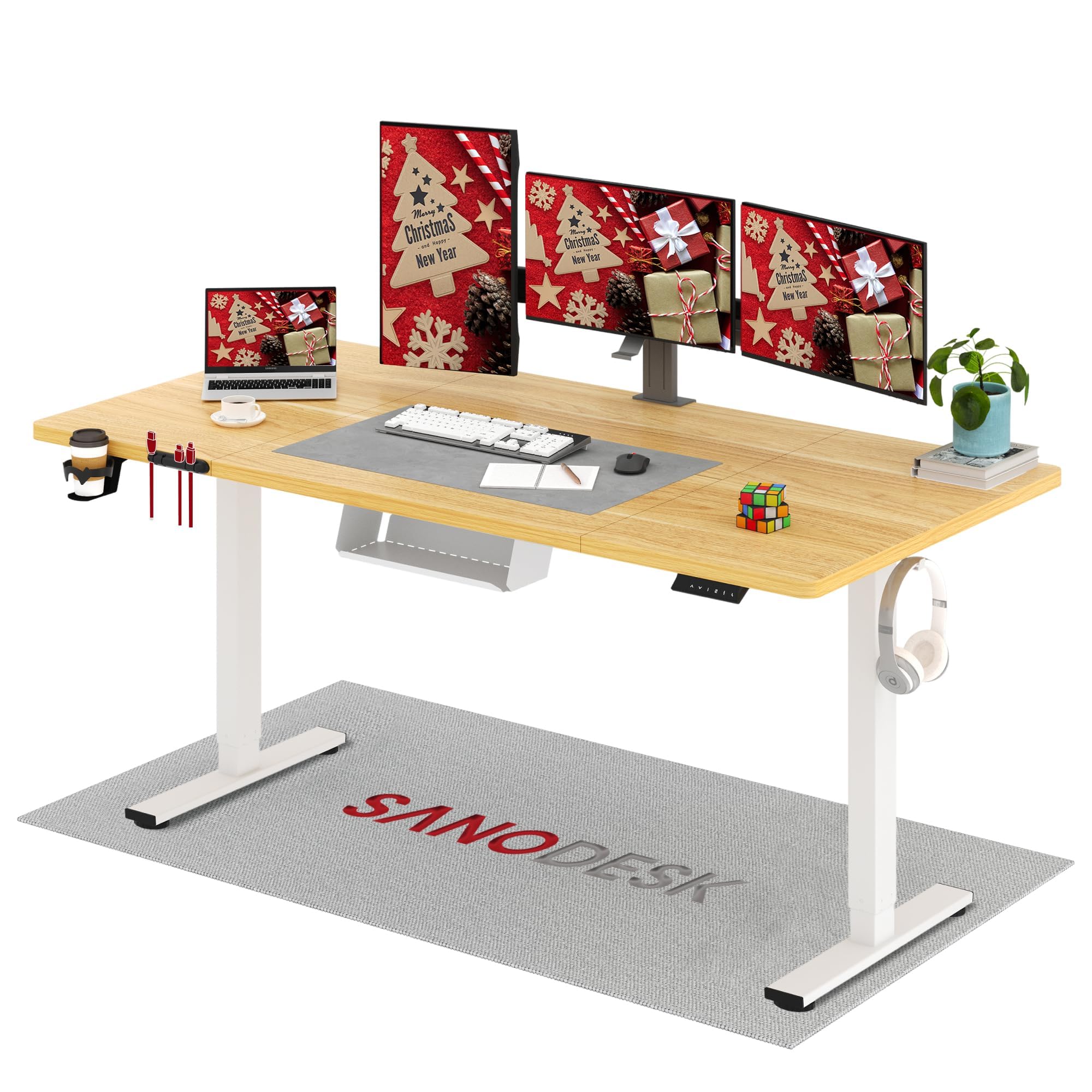 SANODESK 180 * 80 Electric Standing Desk Height Adjustable Desk with Cable management Tray Sit Stand Table with 4 Memory Smart Pannel, Hooks and Cupholder for Home Office