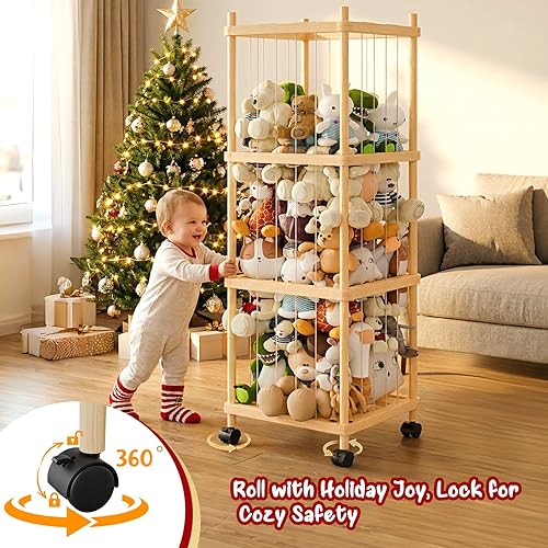 Miniatura 3 de Stuffed Animal Storage and Holder - Large Size Wooden Animals Zoo Toy Organizer with Elastic Bands, Swivel Wheels and Castle Stickers, For Toddler