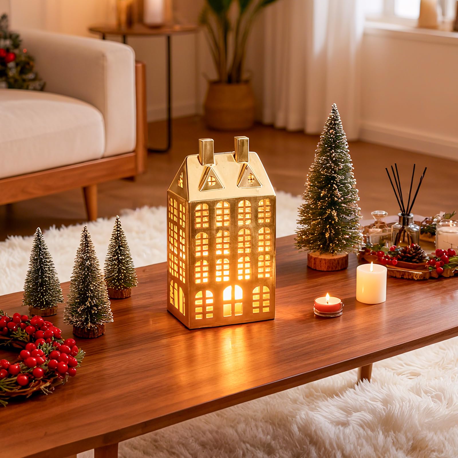 DN DECONATION Weihnachtshaus beleuchtet LED Deko Weihnachten – goldene Weihnachtsdeko Häuser Keramik, Weihnachtsdorf Deko mit Beleuchtung, Lichthäuser Deko für Weihnachtsdekoration innen