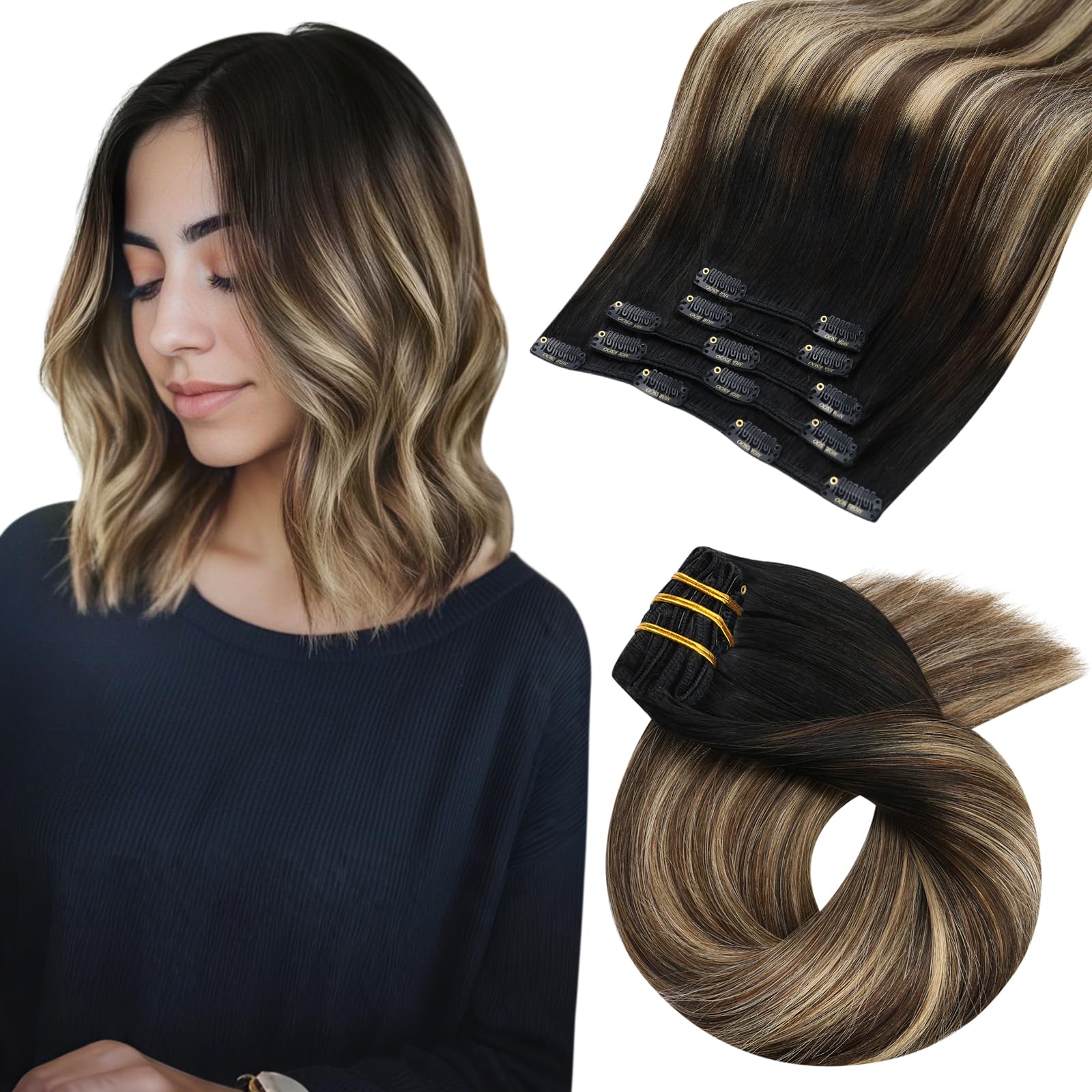 Moresoo Human Hair Extensions Clip in Real Hair Ash Blonde with Bleached Blonde Clip in Hair Extensions Remy Human Mid-length Hair Layered Add Volume 14 Inch 5pcs/80g #P18/613 — view 58