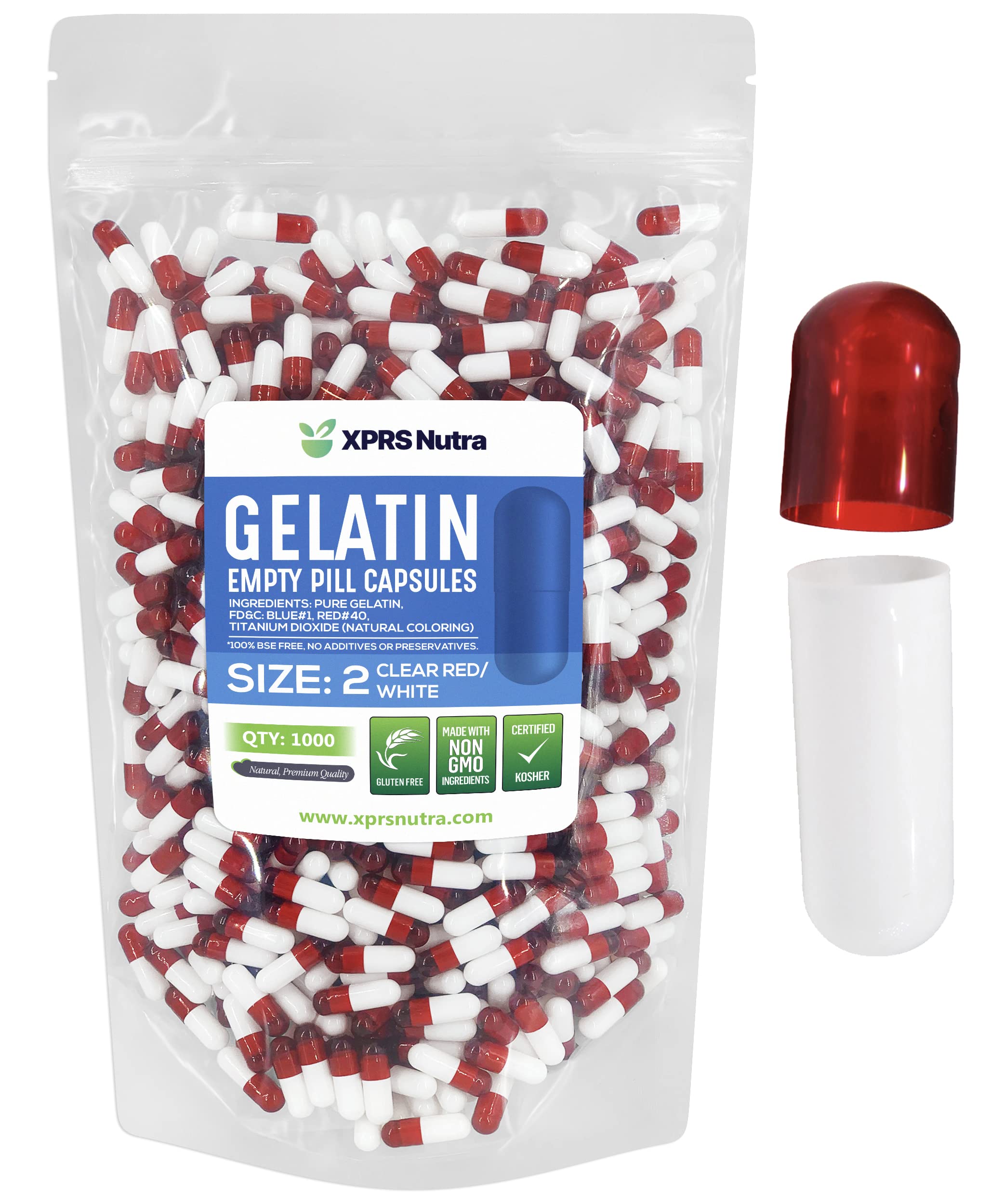 XPRS Nutra Size 2 Empty Capsules - 1000 Count Empty Gelatin Capsules - Pills DIY Capsule Filling - Pure Bovine Pill Gel Caps for Do-It-Yourself Supplements (Clear Red/White) 1000 Count (Pack of 1) Clear Red / White