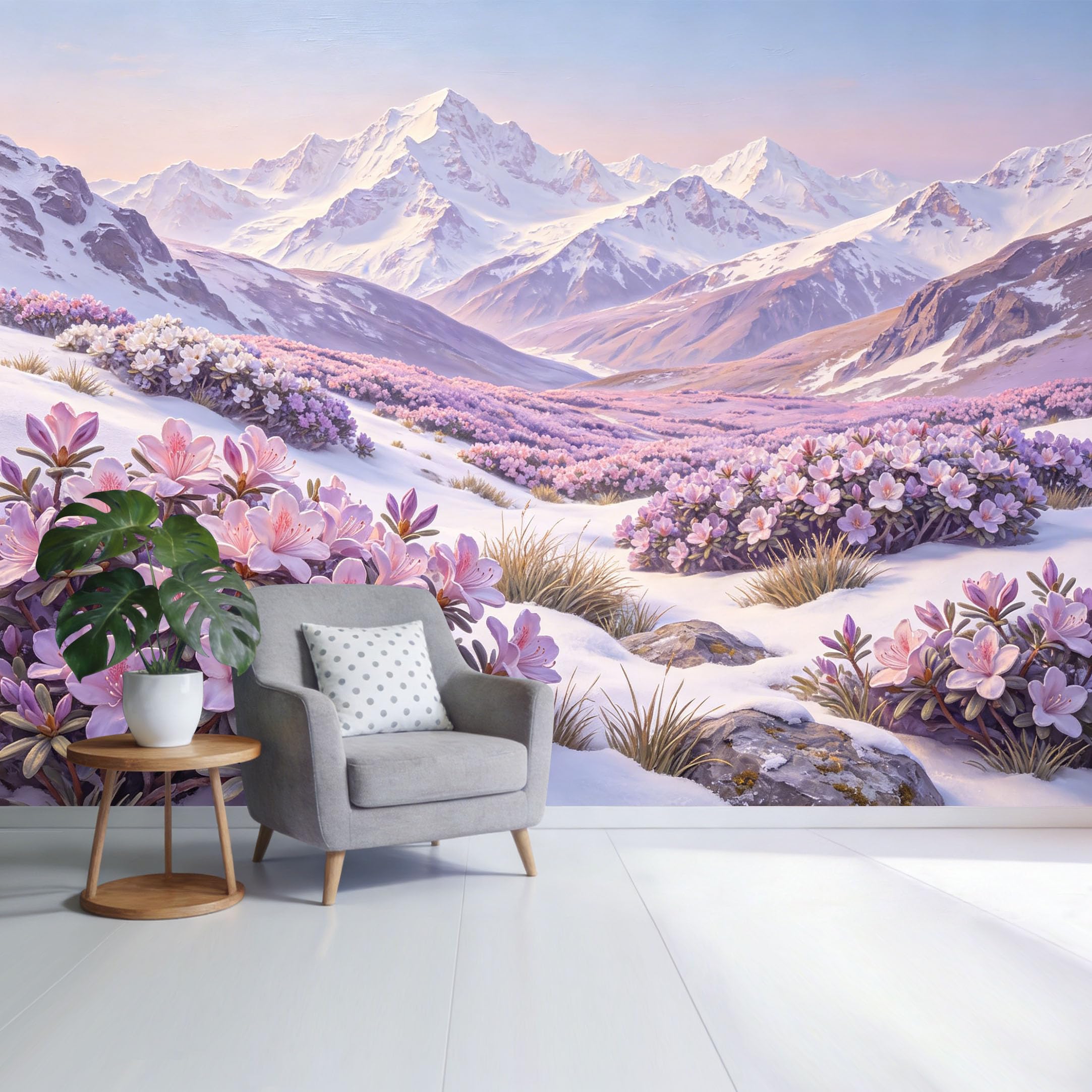 Custom Size Wall Mural Mountain Landscape Snow Peak and Pink Rhododendron Blossom Meadow Nature Scenery SelfAdhesive Wall Fabric Removable Wallpaper for Home Office Decor