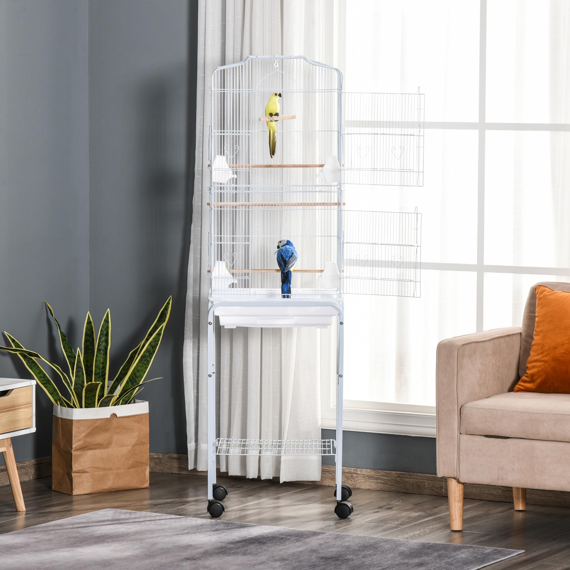 PawHut Gabbia per Uccelli, Voliera in Metallo e Acciaio con Ruote, Trespoli e Ciotole, 46.5x36x157cm, Bianco