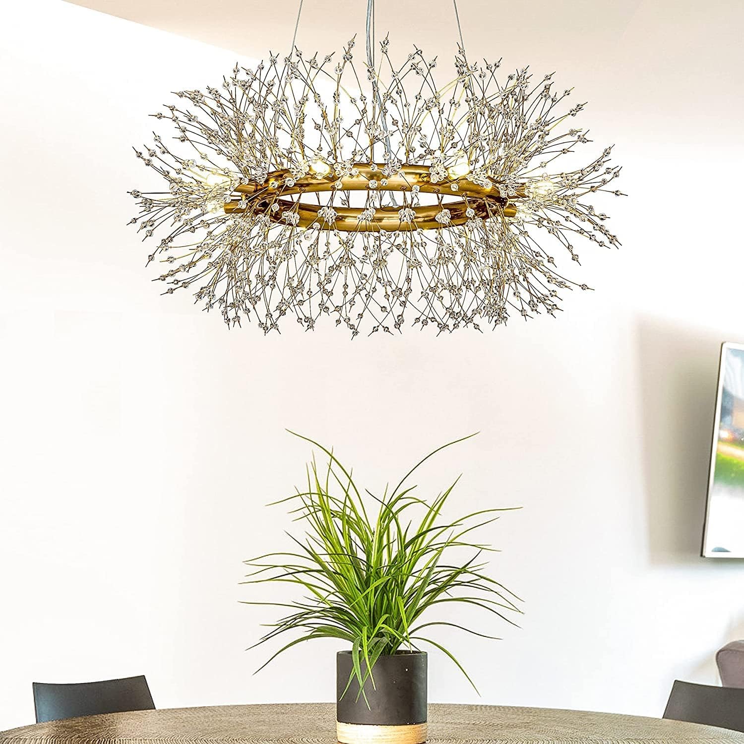 SYAXVOM Modern Dandelion Crystal Chandelier - 8-Lamp Firework Design for Living Room Dining Kitchen Island & Hallway G9 Bulb Included Elegant Lighting Fixture