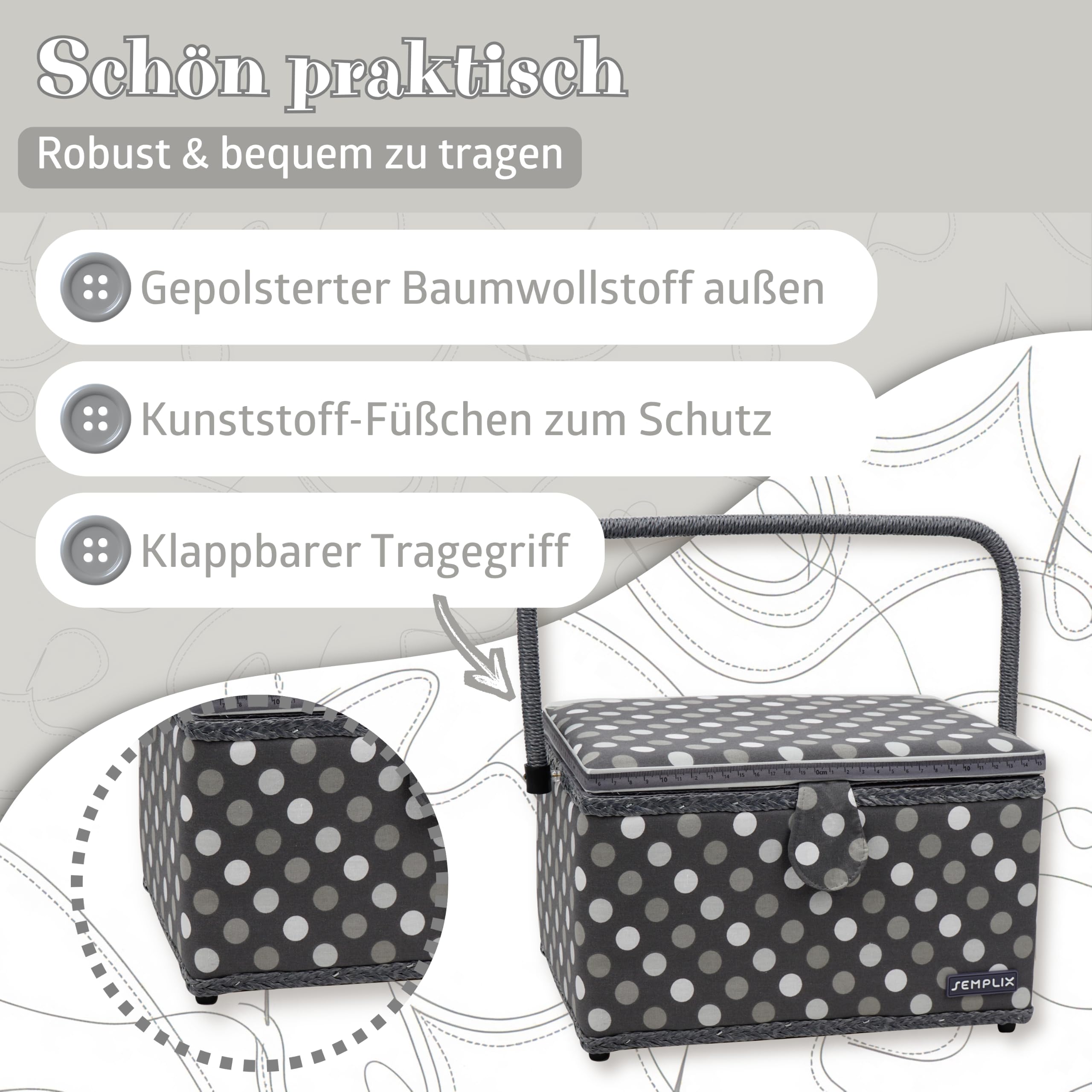 SEMPLIX Nähkorb Größe L, Polka Dots Anthrazit/Grau (30,5x22,5x19cm), Nähkästchen im frechen Punktedesign, Naehkasten in 5 trendigen Farben