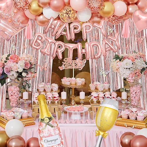 Miniatura 6 de Amandir Decoraciones de fiesta de cumpleaños de oro rosa para mujeres y niñas, globos de aluminio de confeti rosa dorado, mariposa, cortina de