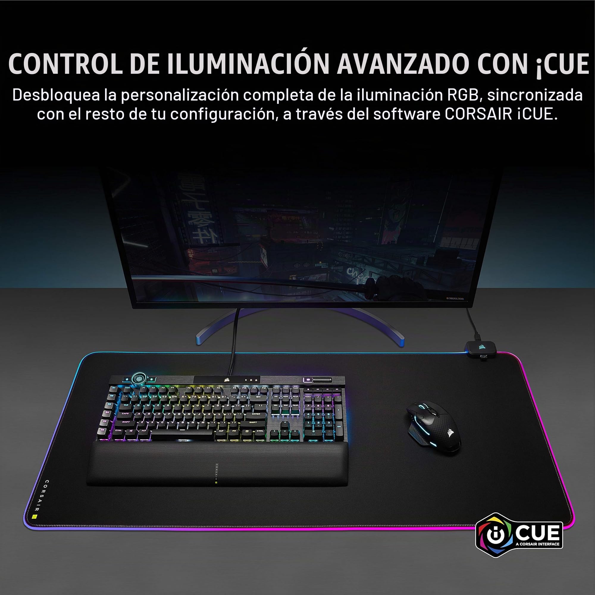 Corsair MM700 RGB Extended 3XL Alfombrilla de Ratón de Tela para Juegos - 1.220 mm x 610 mm (48" x 24") - Iluminación RGB 360° - Concentrador de Dos Puertos USB - Goma Gruesa - Negro
