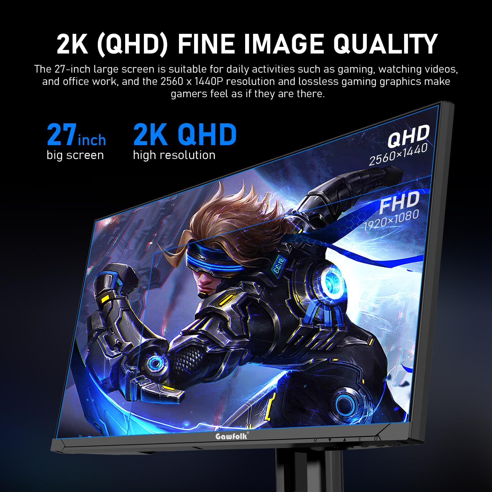 Gawfolk Schermo PC IPS da 27 pollici, 2K WQHD (2560 × 1440), monitor da gioco 180Hz, 1ms senza bordi, 100% sRGB, 178 ° grandangolo, HDMI, DisplayPort, compatibile con 75 * 75mm montaggio a parete-Nero
