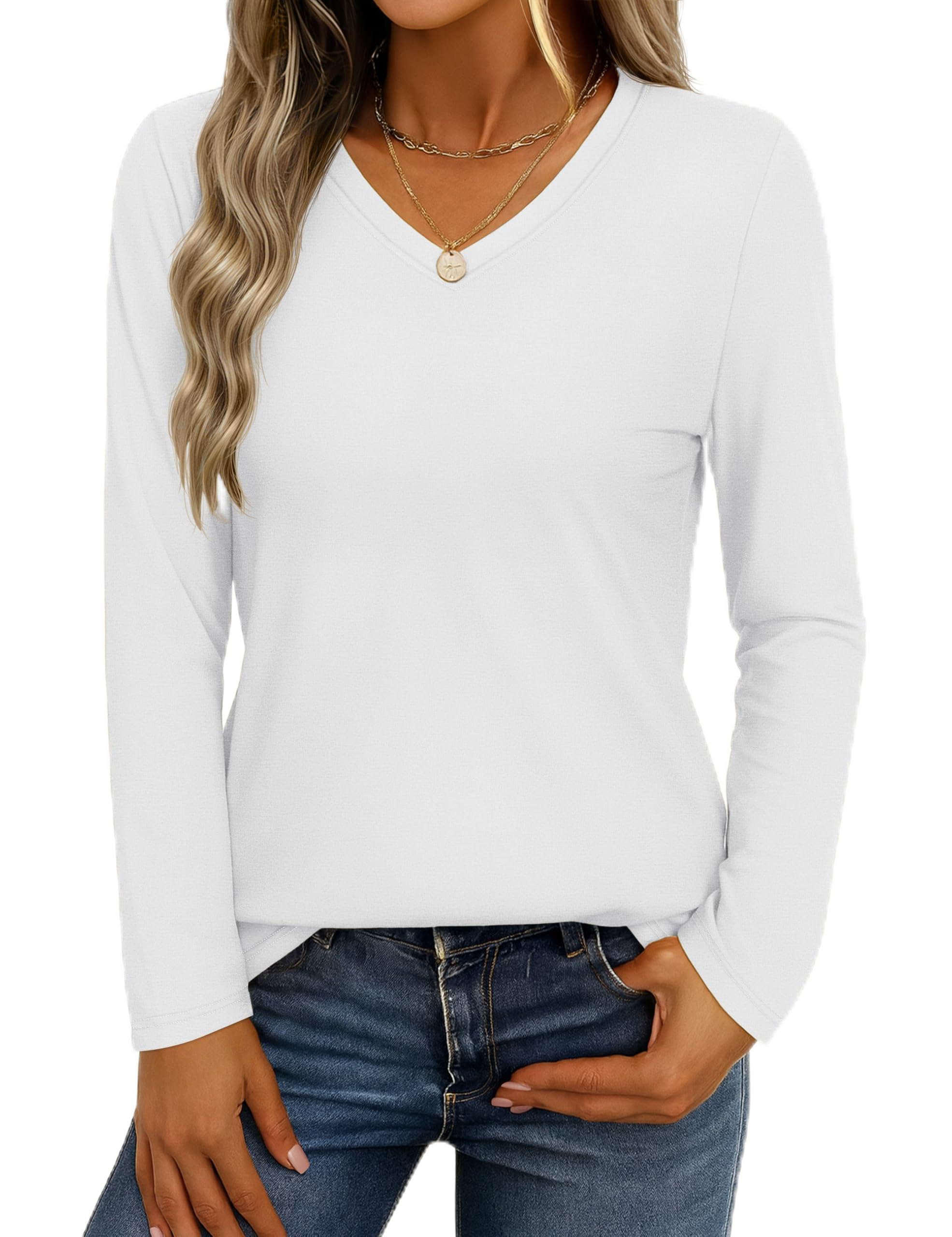 YUCOLEN Womens Long Sleeve Shirts V Neck Cotton T-Shirt Tops Solid Color Casual Breathable Basic Tee Tshirt