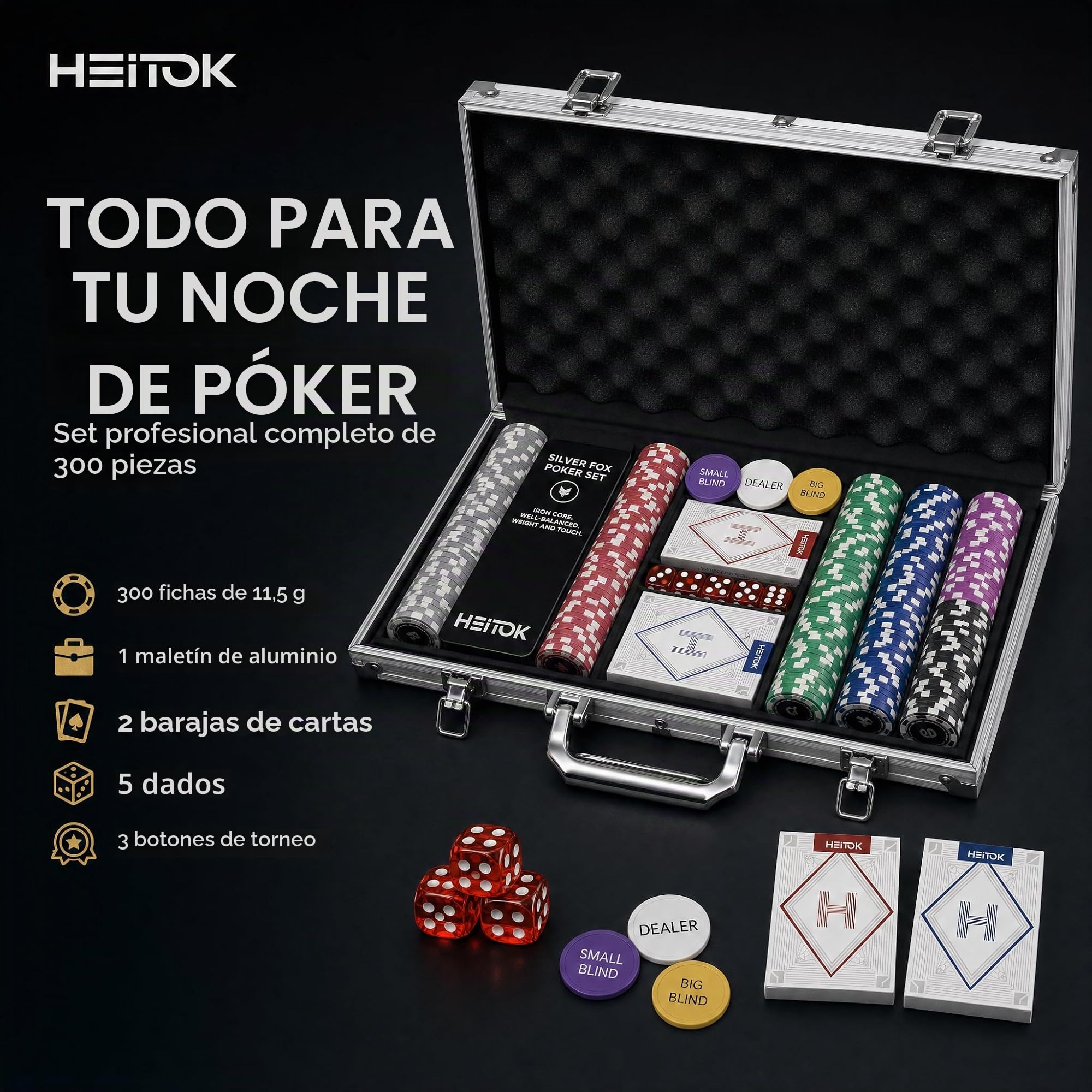 HEITOK Maletín de Póker Profesional 300 Fichas Numeradas 11.5g Núcleo Metal - Estuche Aluminio, 2 Barajas, Dados y Botones para Texas Holdem