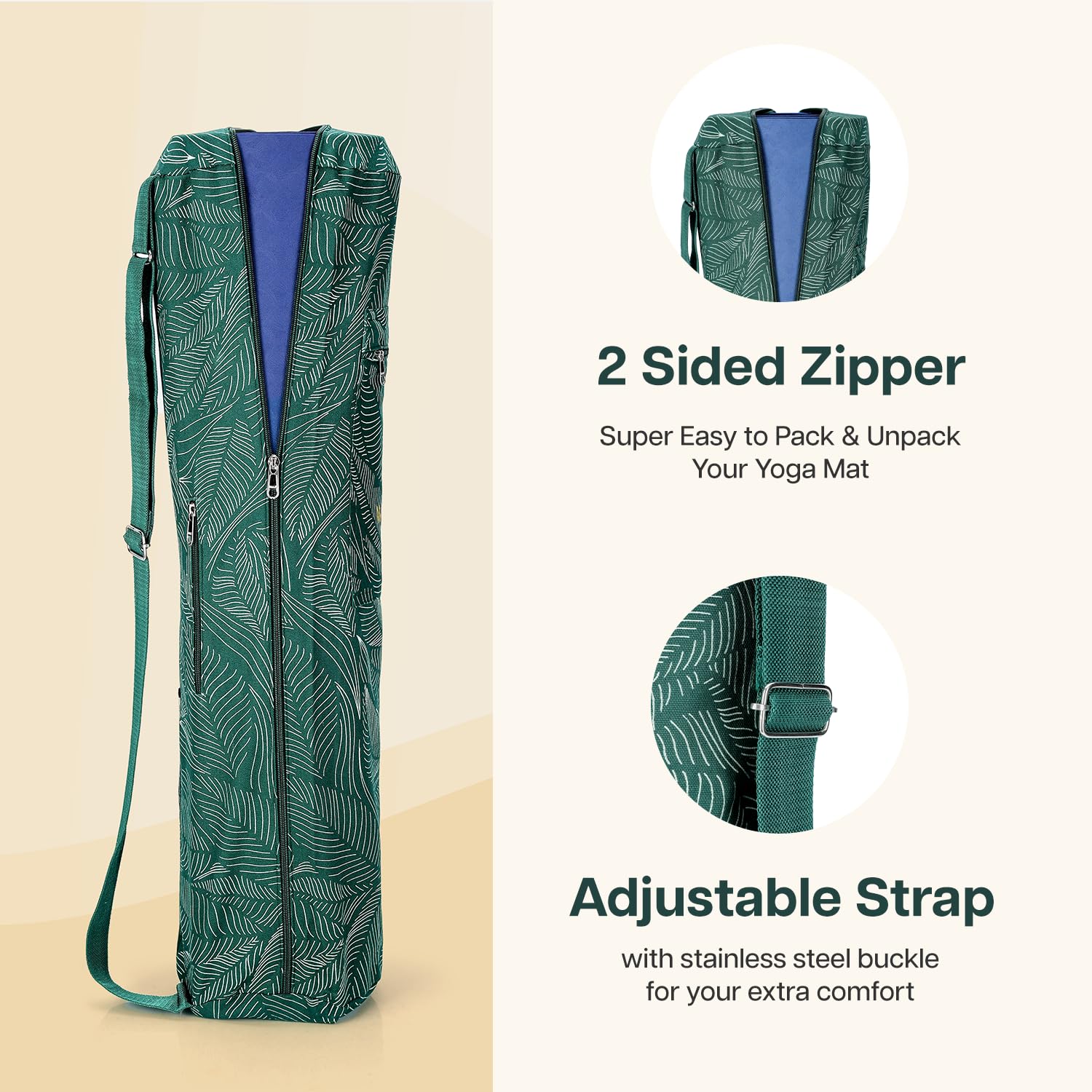 Wiselife Yoga Mat Bag Premium Carry Bag, Full Easy Access Zip, Multi Functional Storage Pockets & Adjustable Shoulder Strap Green Leaves 2