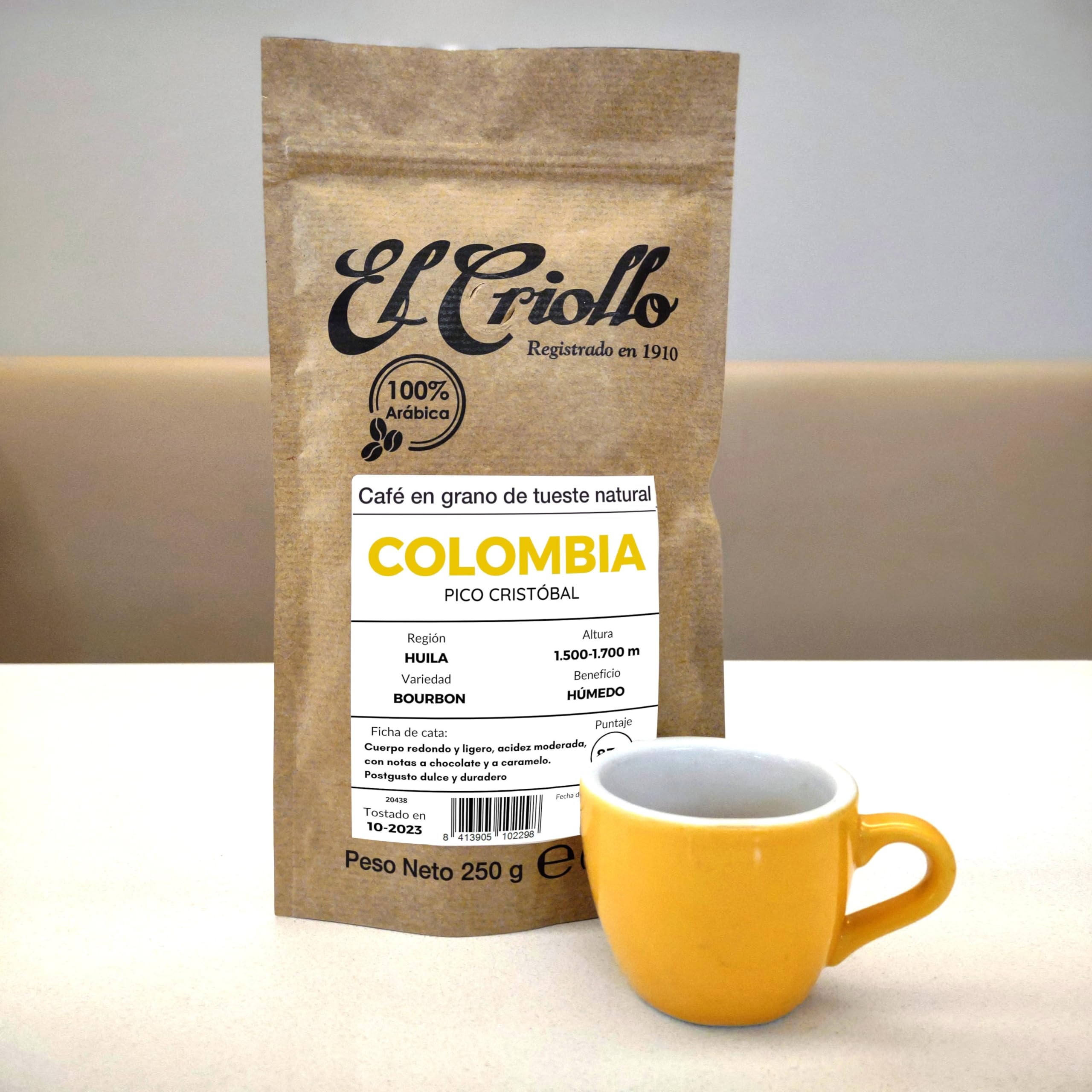 Cafés El Criollo | Origen Colombia | Café en GRANO de Especialidad 1Kg | 100% Arábica | Specialty Coffee 83,5 puntos SCA | Tueste Natural y Artesanal | Finca Pico Cristóbal | Pack 4x250g 1kg