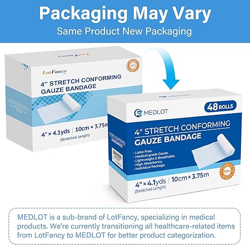 Miniatura 7 de LotFancy Rollos de gasa, 48 unidades, 4 pulgadas x 4.1 yardas, envoltura de gasa enrollada, vendaje elástico para el cuidado de heridas, suministros
