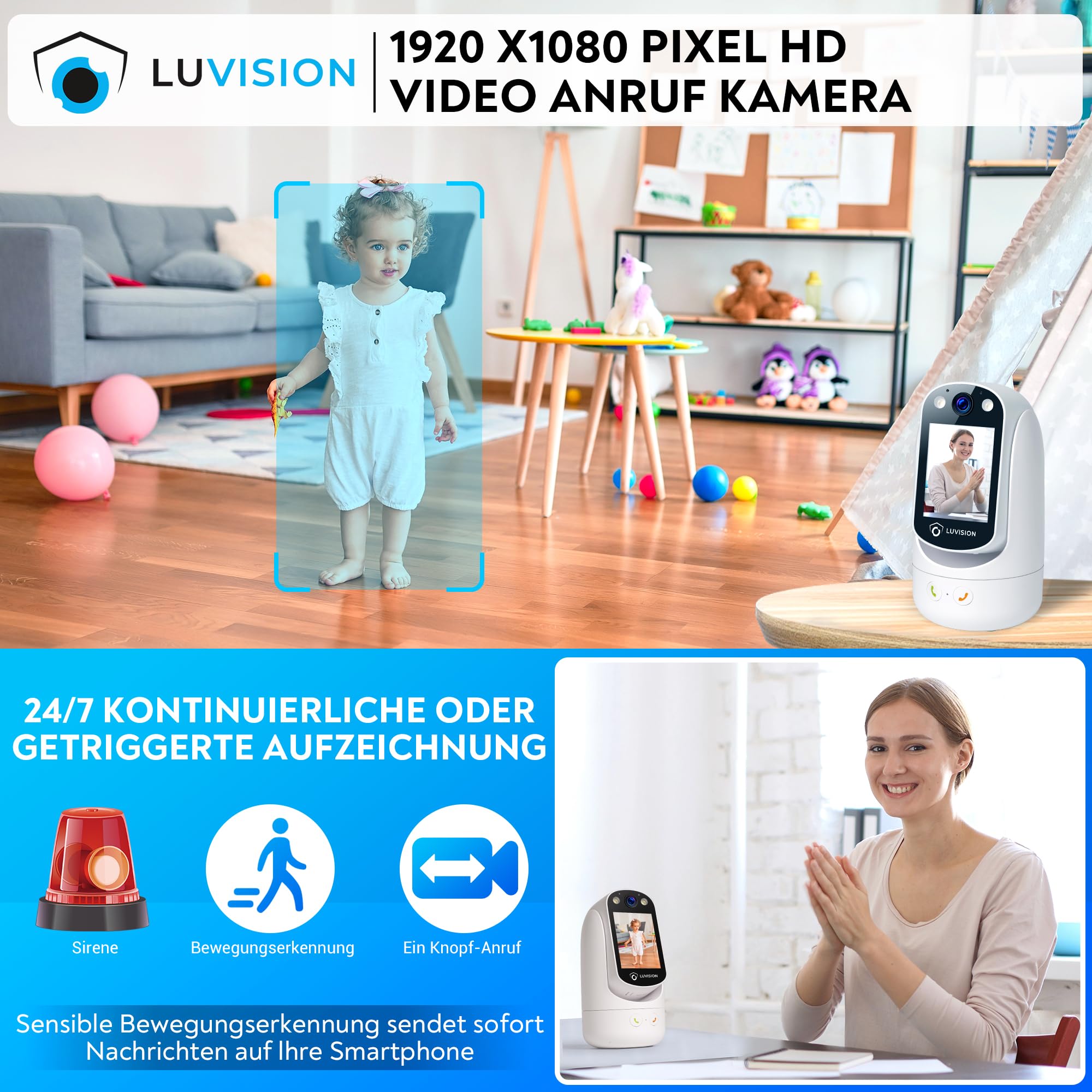 WLAN PTZ Überwachungskamera Auto-Tracking Video Anrufkamera, Telefonkamera mit Gegensprechfunktion für Kinder Senioren und Haustier Überwachung mit App, Nachtsicht, KI Bewegungsverfolgung