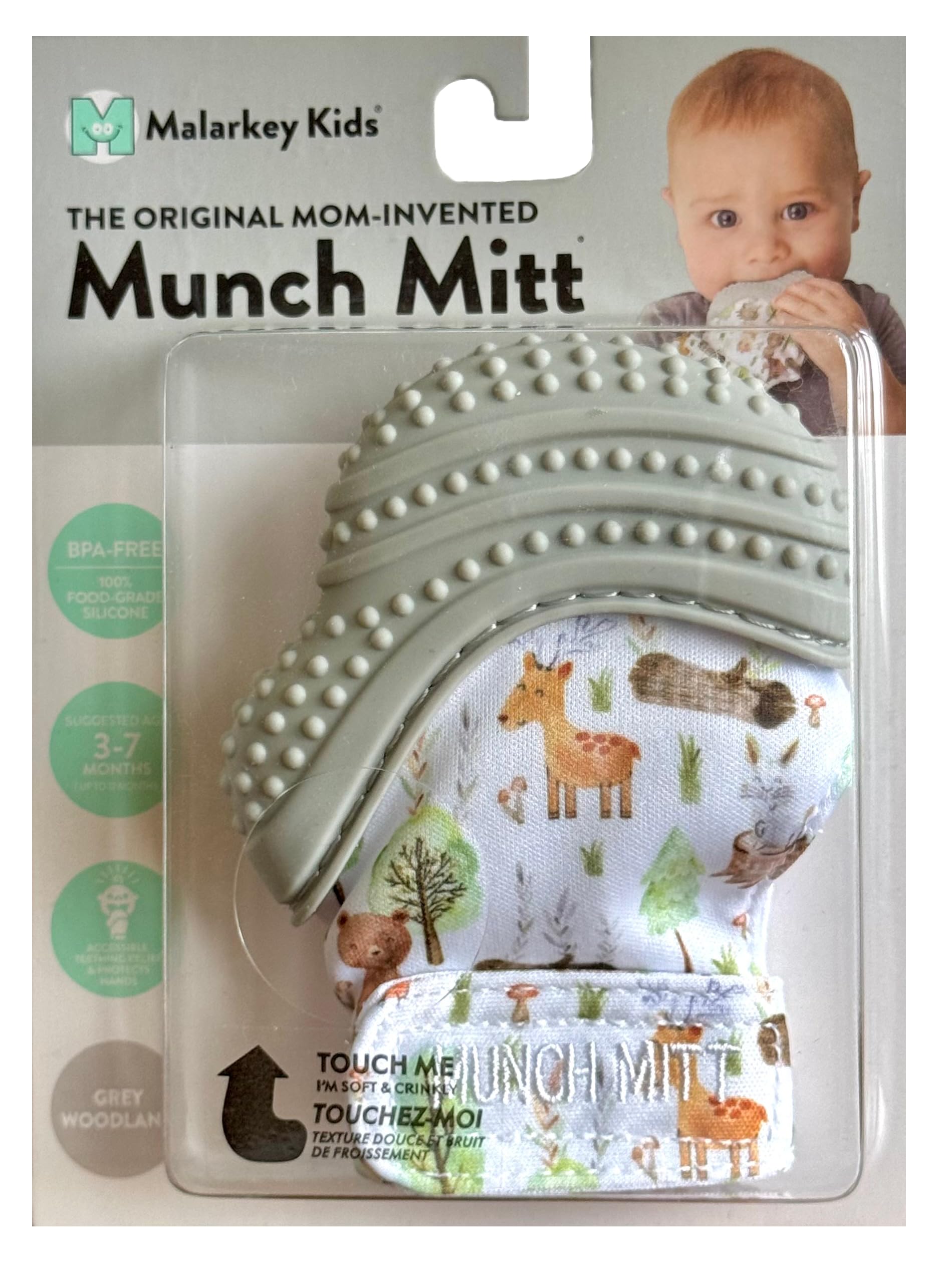 Malarkey Kids Baby Teething Mitten, Munch Mitt Baby Chew Toy - Protects Hands from Chewing & Saliva, Heals Aching Gums, Promotes Sound & Visual Stimulation for Babies Up to 1-Year-Old (Grey Woodland)