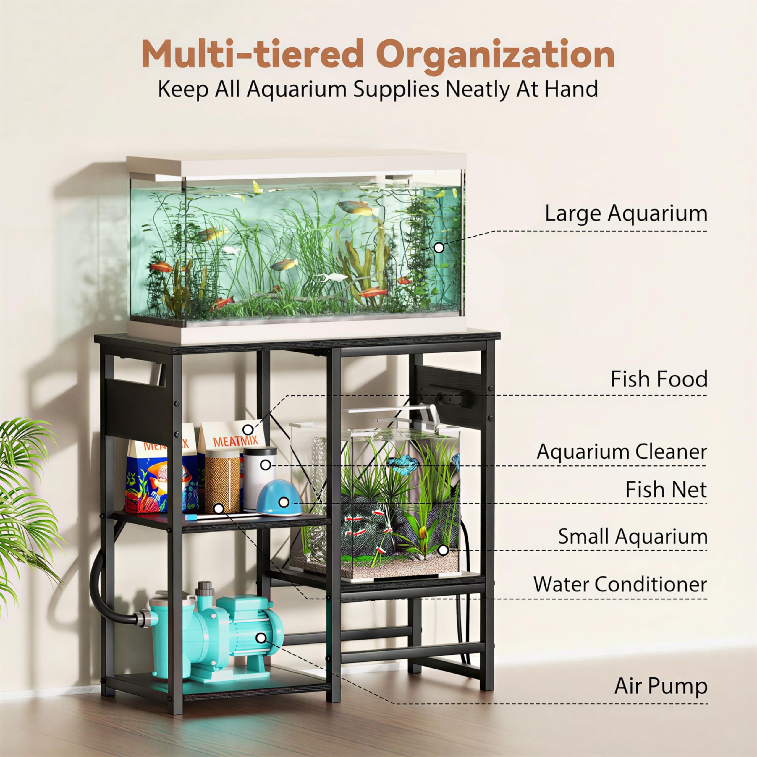 GRLEAF Aquarium-Ständer mit Steckdosen, 4-stöckig, Metall-Aquariumständer mit Holzablagen, 78 cm L x 35,1 cm B x 77 cm H, Schwarz