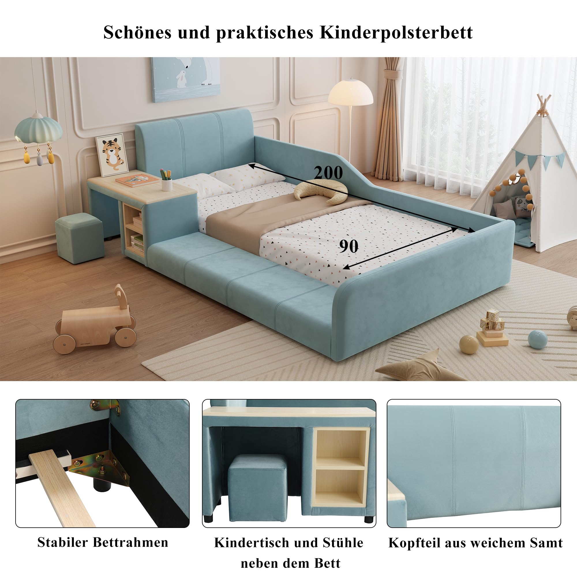 Dolamaní Polsterbett 90x200 cm Kinder mit Schreibtisch und Hocker, Einzelbett Mit Ablageboden und Polster Kopfteil, Bett mit Holz Lattenrost, Kinderhochbett Samt ohne Matratze (Blau)