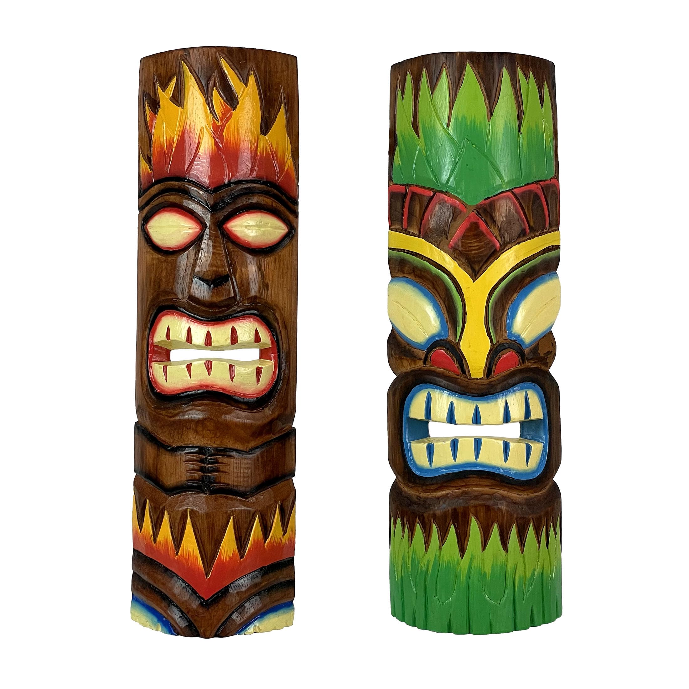 Chesapeake Bay Ltd Set of 2 Fire and Earth Hand Crafted Wood Tiki Totem Wall Dcor Masks Tropical Decor 20 Inches High