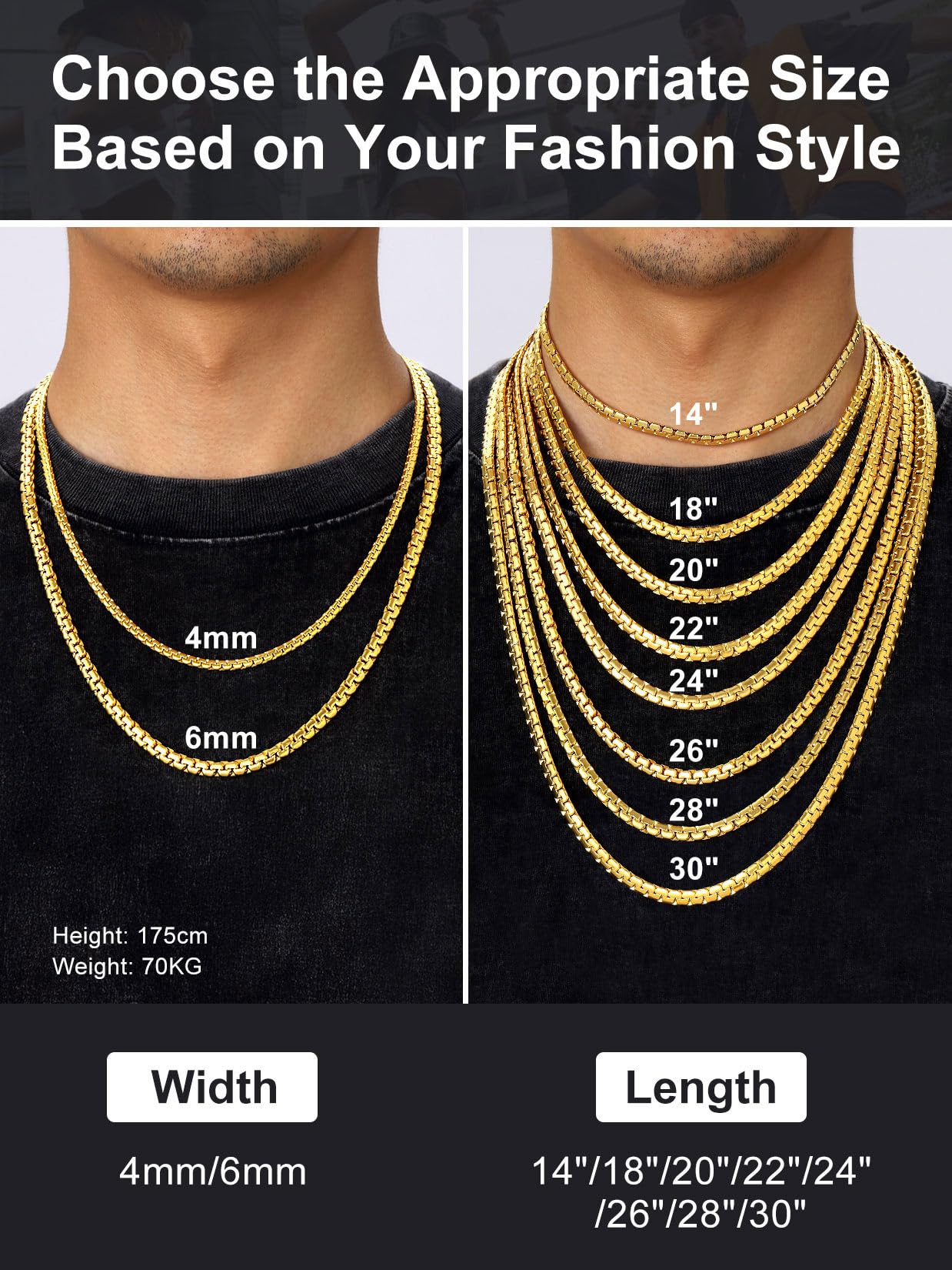 Suplight Catena a maglia cubana per uomo e donna, in acciaio inossidabile/nero/placcato oro 18 carati, collana a catena ro, larghezza 4 mm/6 mm/9 mm, gioielli hip hop 45,7 - 76,2 cm