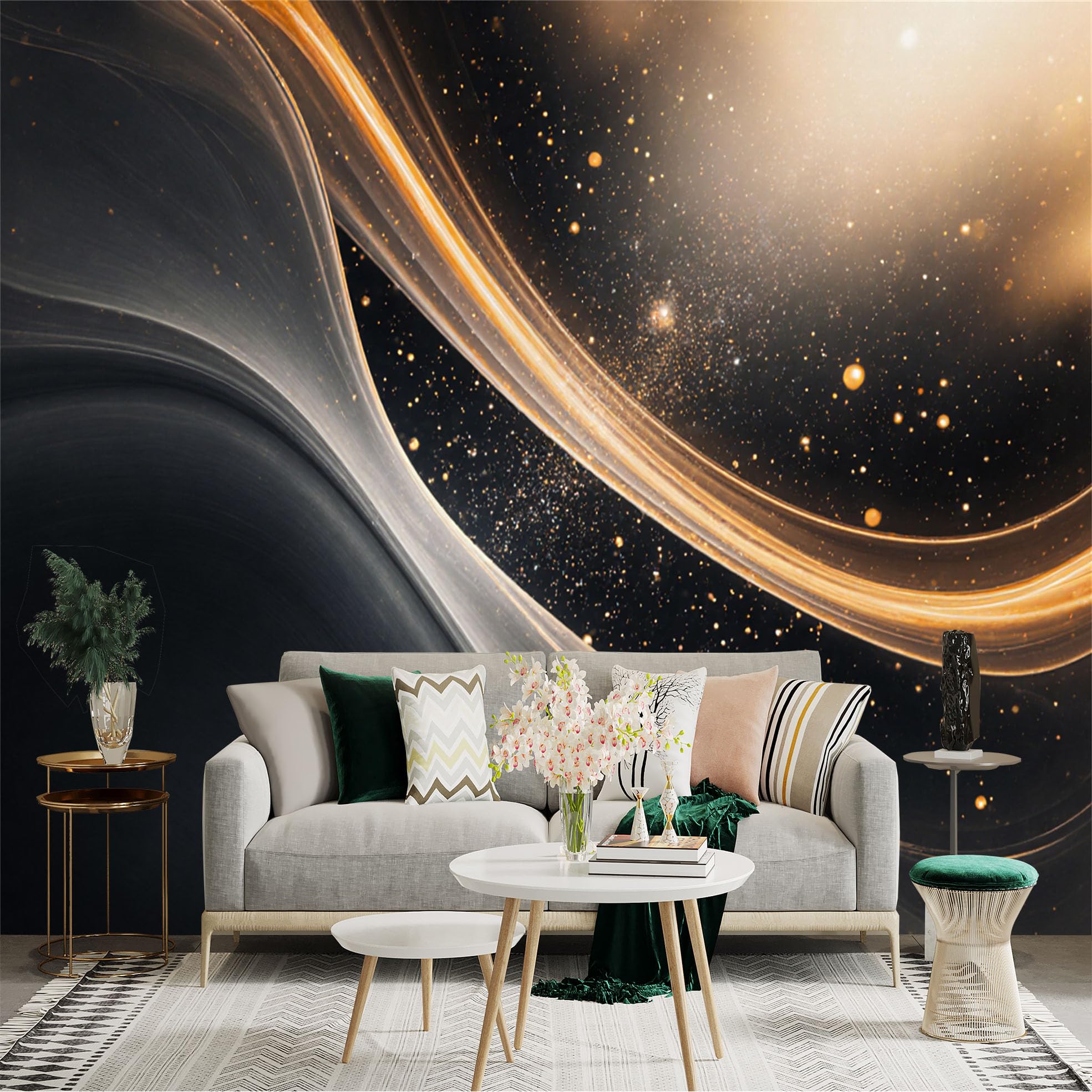 Custom Size Wall Sticker Mural， Abstract Golden Light Waves， Dark Luxury Fluid Texture， Glowing Particles， for wall Decoration， peelandstick wall Decals.