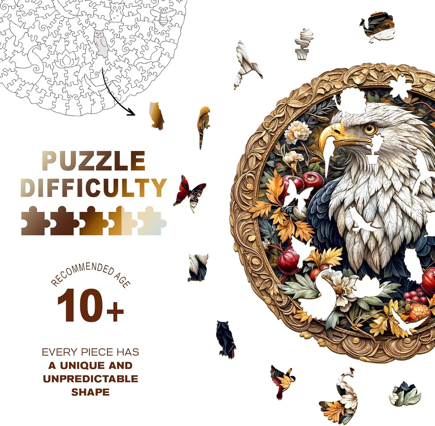 Wooden Puzzles for Adults - Retro Eagle Wooden Jigsaw Puzzle, Unique Animal Shaped Wood Puzzles Adult, Christmas Birthday Gifts for Friends/Family, Home Decor 11.4 * 11.4in 200pcs