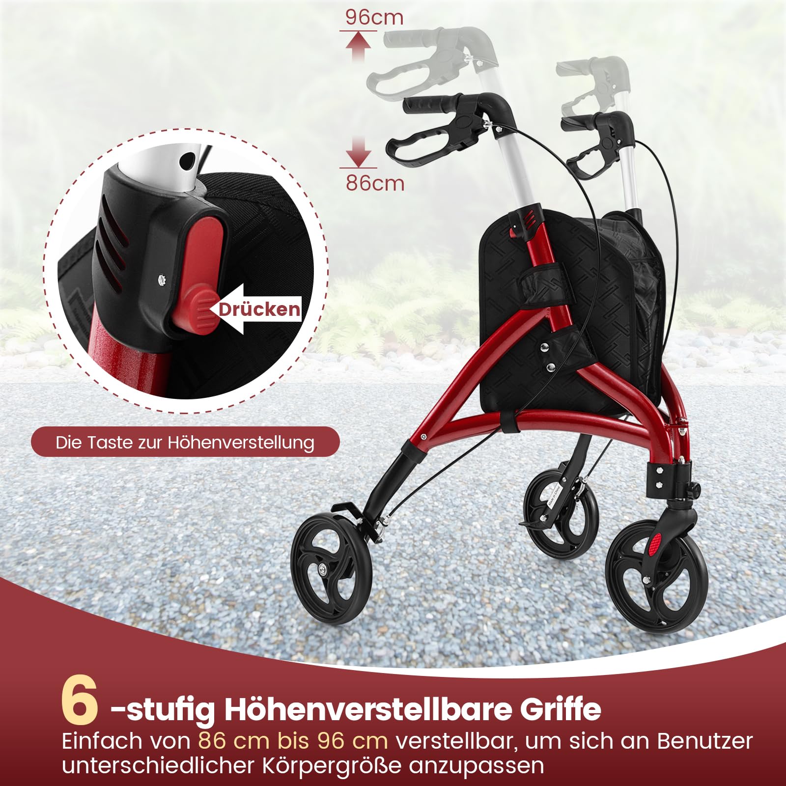 COSTWAY Rollator schmal für Wohnung, Dreirad, faltbar und leicht, Gehhilfe 6-fach höhenverstellbar, Gehwagen mit Tasche & Bremse, Aluminiumrahmen, klappbar für Senioren & Erwachsene (Rot)