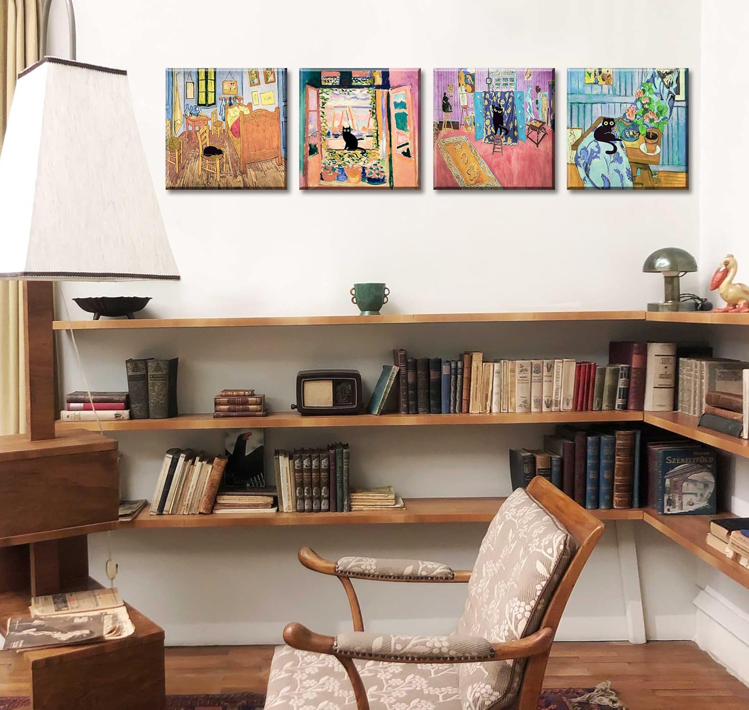 Black Cat Wall Art Set of 4, Funny Cats in Monet's Garden Flowers Famous Paintings Reproductions, Framed Canvas Prints Aesthetic Wall Decor for Living Room Bedroom Office, Unique Gift for Cat Lovers