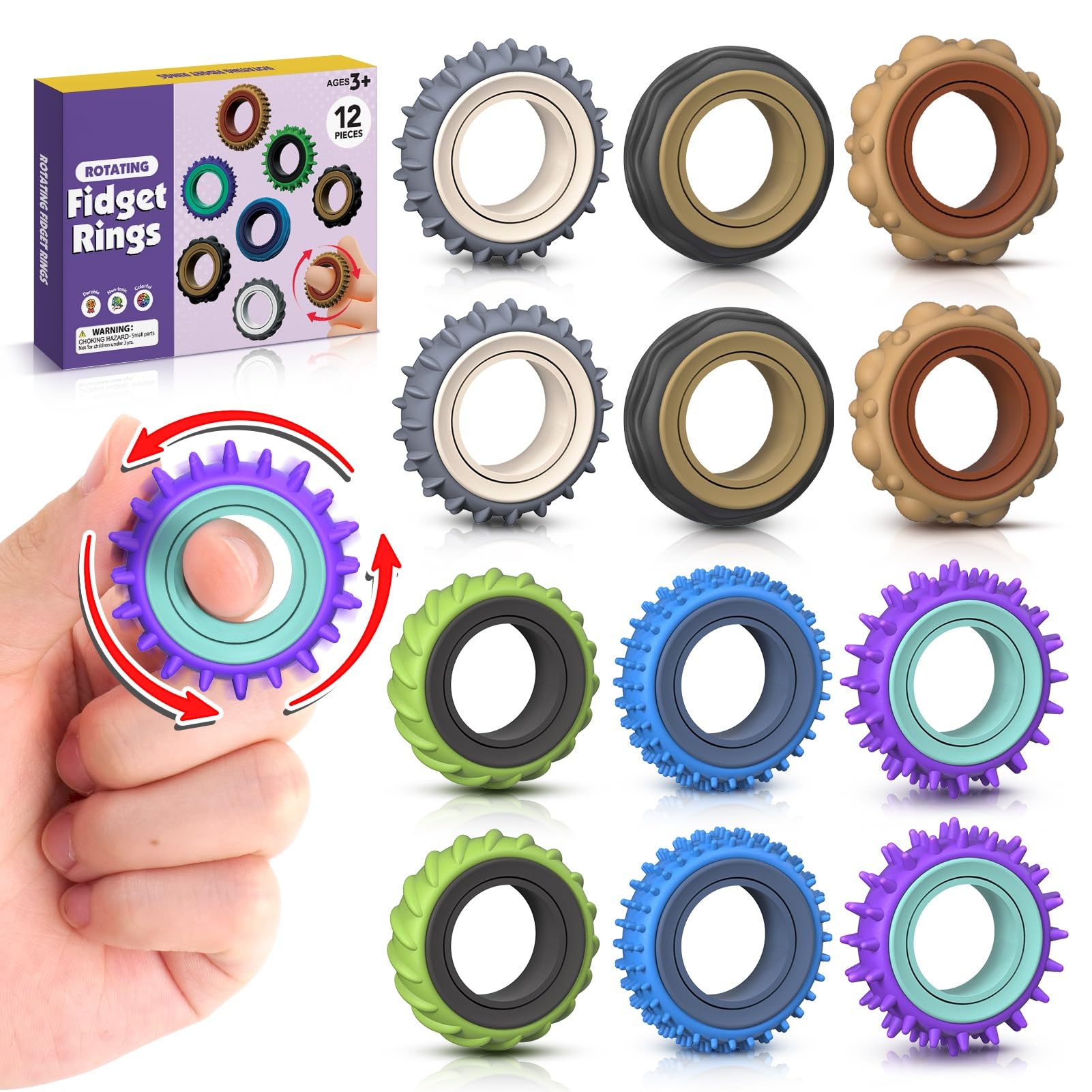 Fidget Toys Adults Sensory Rings, 12 Pack Sensory Spinner Rings - Stress Relief Sensory Toys for Kids ADHD - Quiet Desk Fidgets for Anxiety Office for Adults Teens