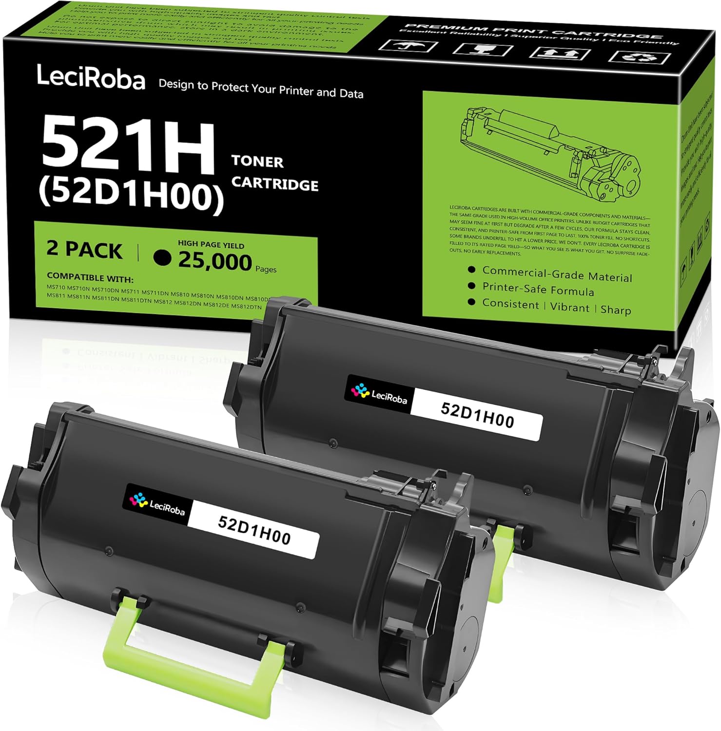 LeciRoba 521H (52D1H00) High Yield Black Toner Cartridge 2-Pack Replacement for Lexmark MS710n MS710dn MS711dn MS810n MS810dn MS810de MS810dtn MS811n MS811dn MS811dtn MS812dn MS812de MS812dtn Printer
