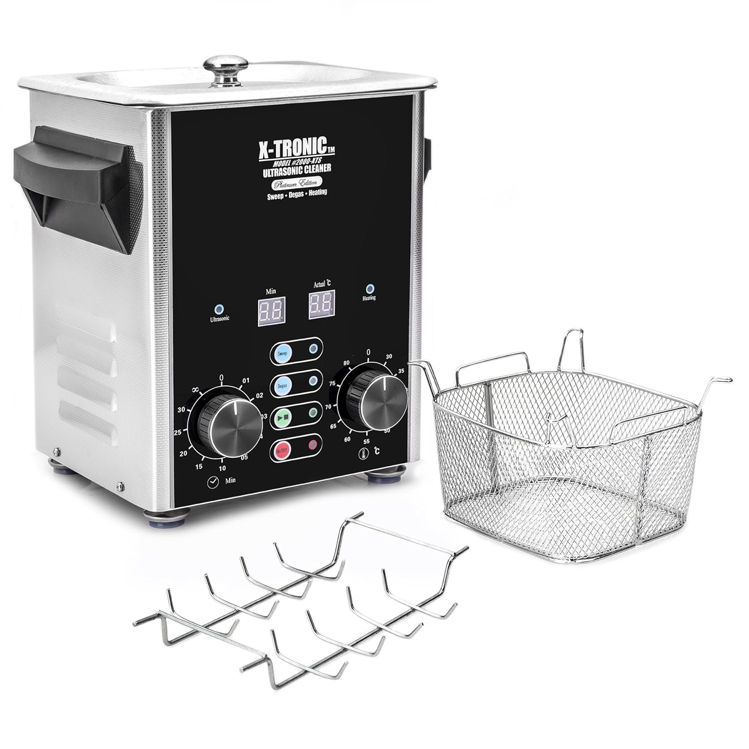 X-Tronic Model #2000-XTS 2.0 Liter Square Format "Platinum Edition" Commercial Ultrasonic Cleaner with Time/Temp LED Displays, Sweep & Degas Controls, S/S Cleaning Basket & Wire Rack Holder