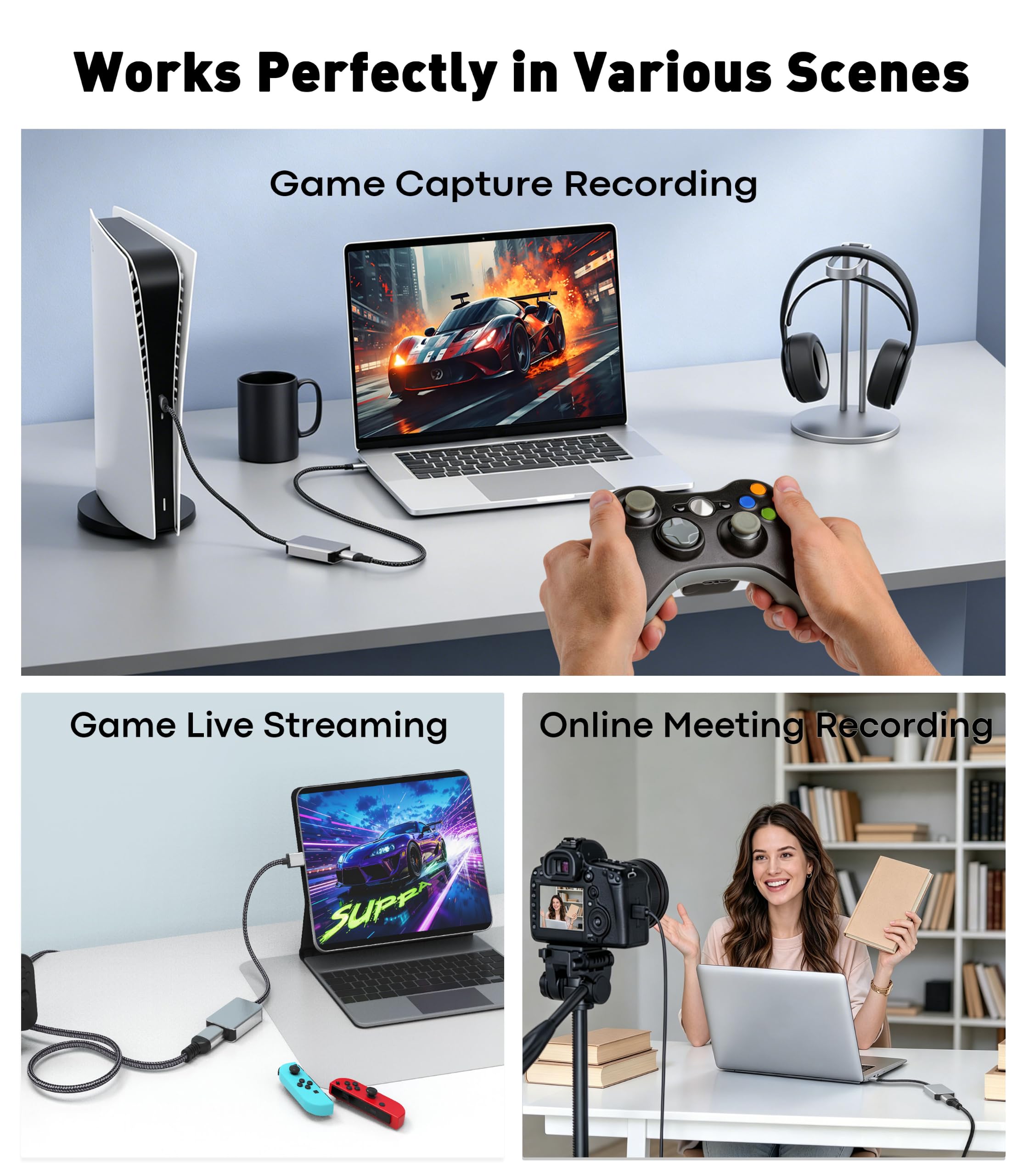 Tarjeta de captura de video 4K HDMI a USB 3.0, 1080P 60FPS para grabación, transmisión y juegos, Plug & Play, baja latencia, compatible con PS5, Switch 2, Xbox, Quest 3, cámara
