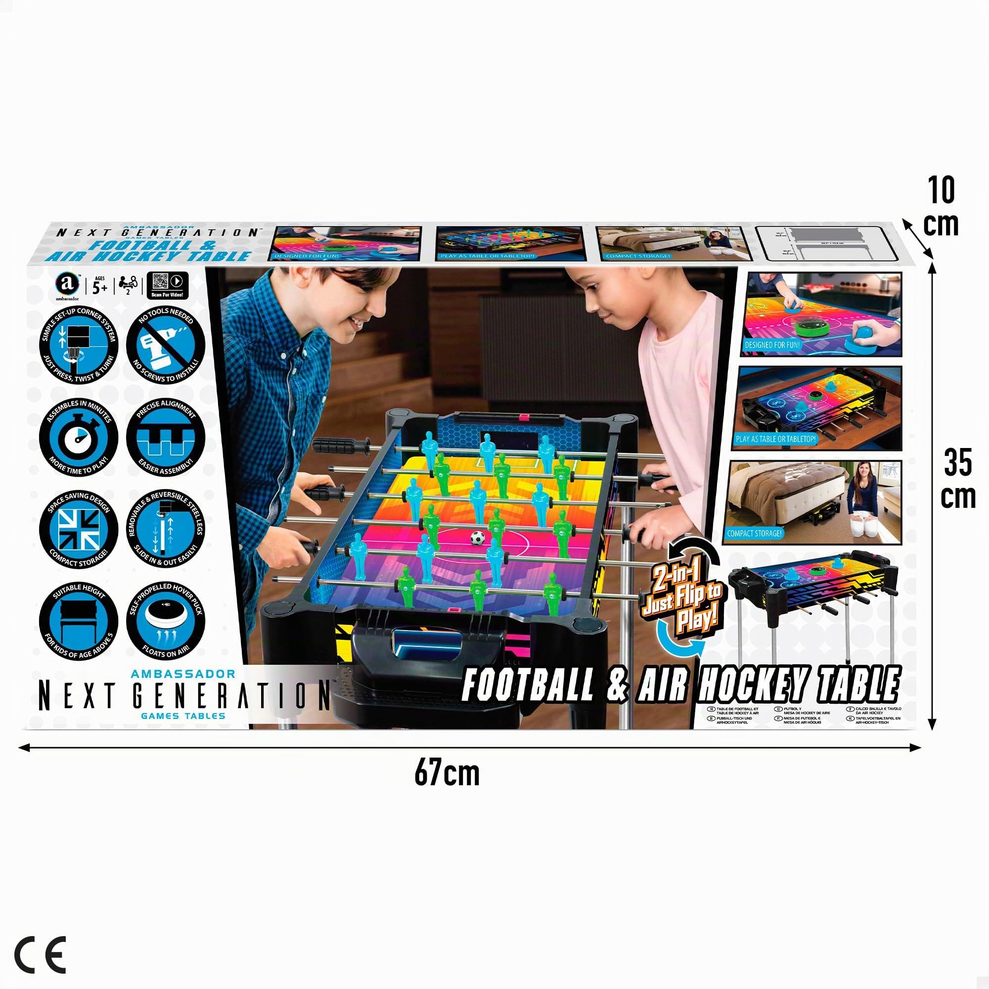 ColorBaby CB Games 39519 Plateau 2 en 1 pour baby-foot et Air Hockey, disque avec air, 2 raquettes, 18 joueurs, 2 ballons, marqueur manuel, design néon, jeux de société électroniques + 5 ans